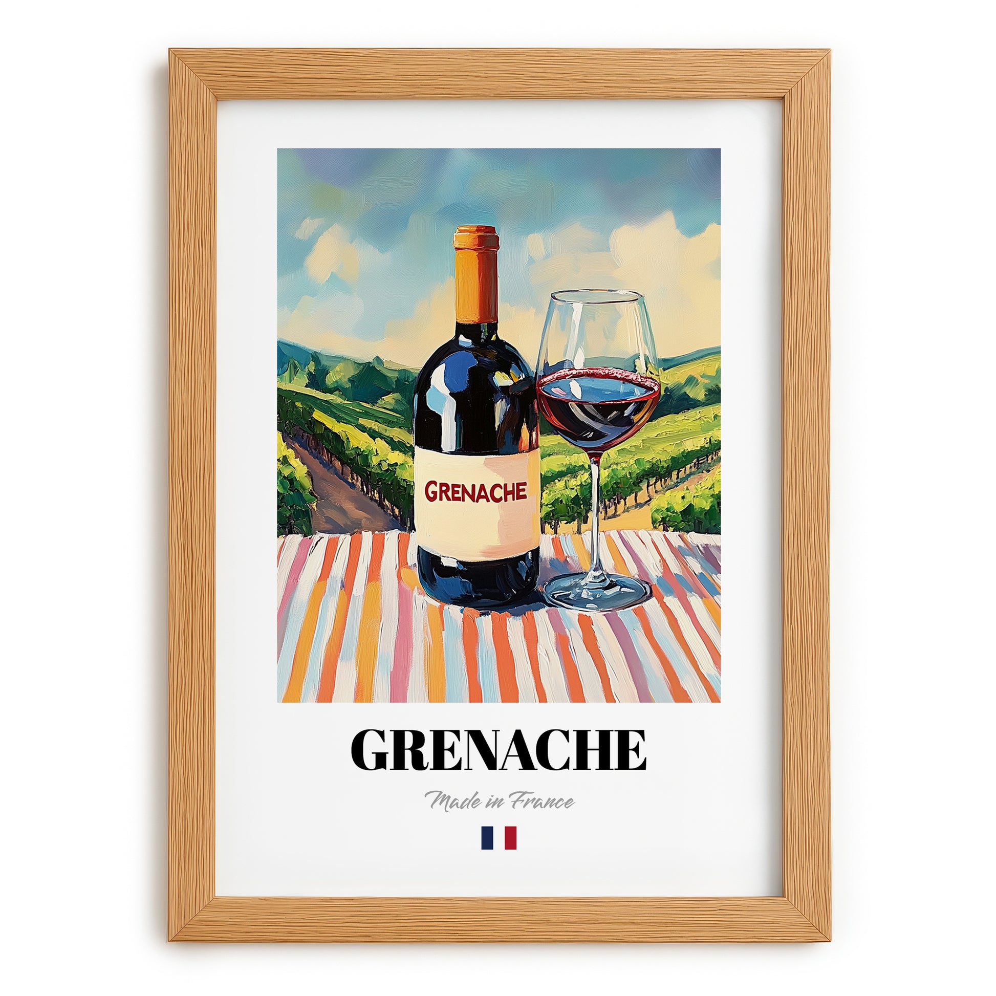Grenache – French Red Wine, Vineyard Terrace Wall Art, set in oak frame