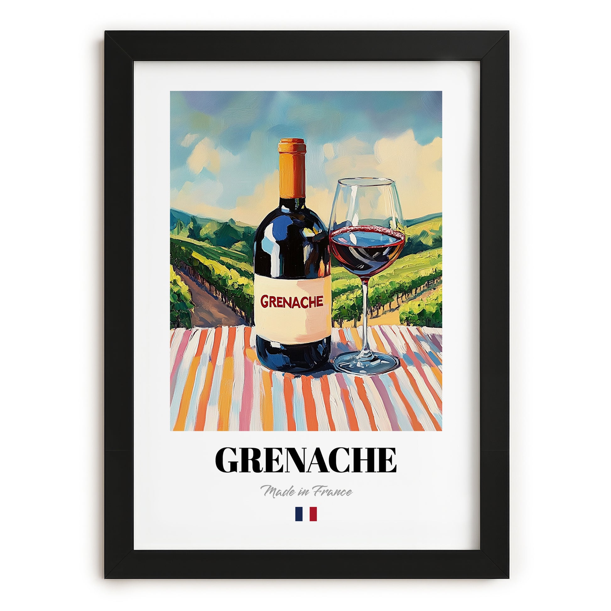 Grenache – French Red Wine, Vineyard Terrace Wall Art, in sleek black frame