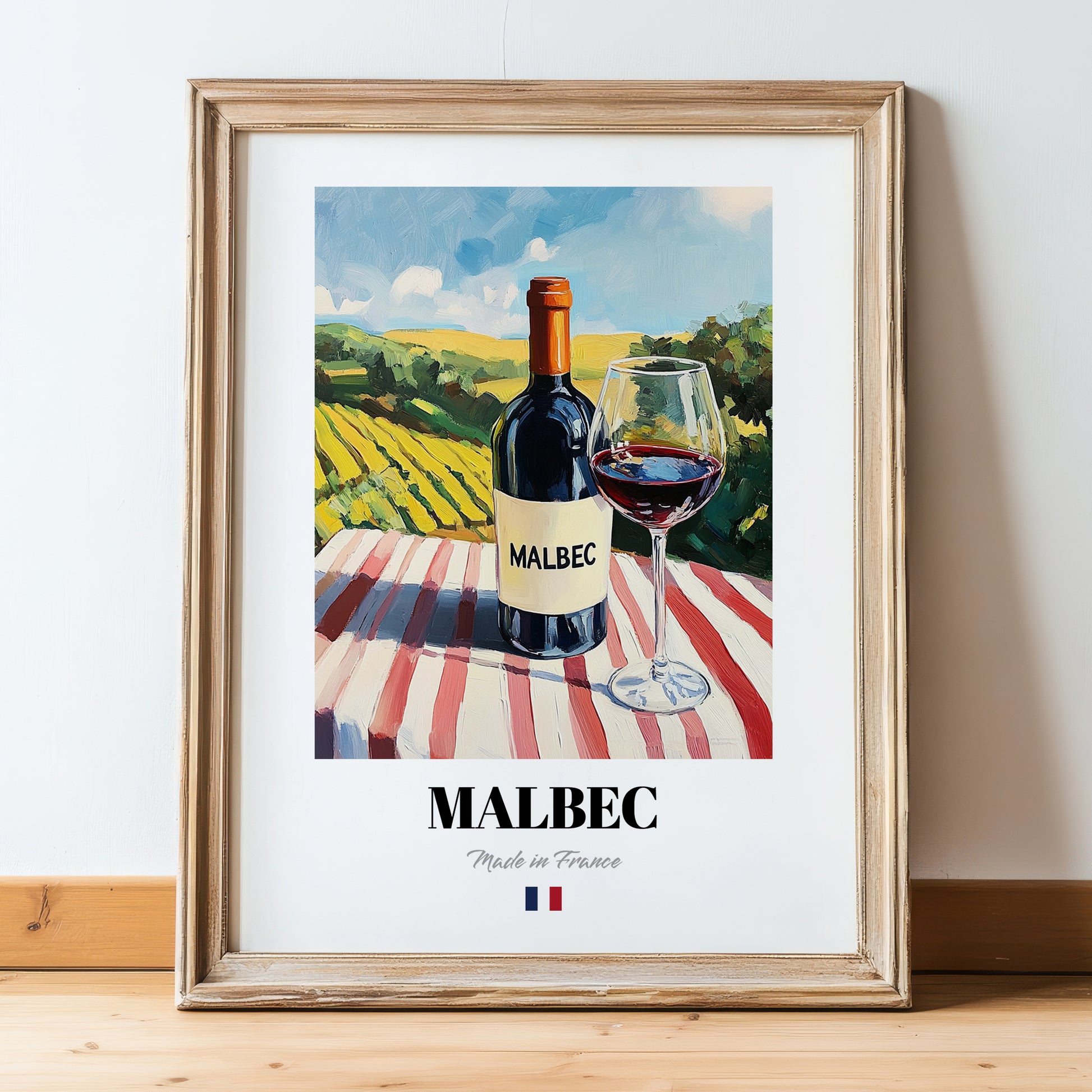 Malbec – French Red Wine, Enoteca Poster, in wooden frame leaning on the floor