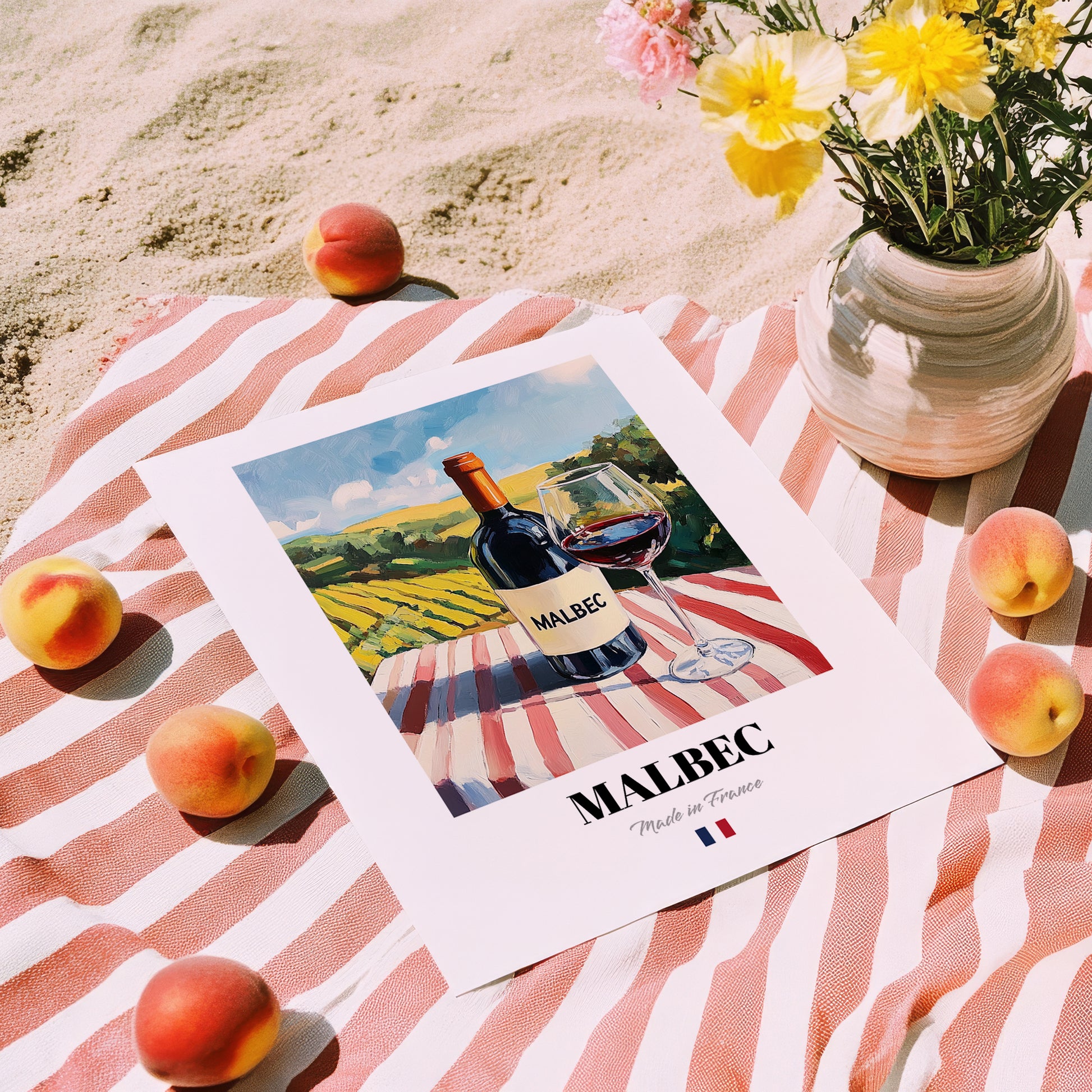 Malbec – French Red Wine, Enoteca Poster, unframed on coastal sand