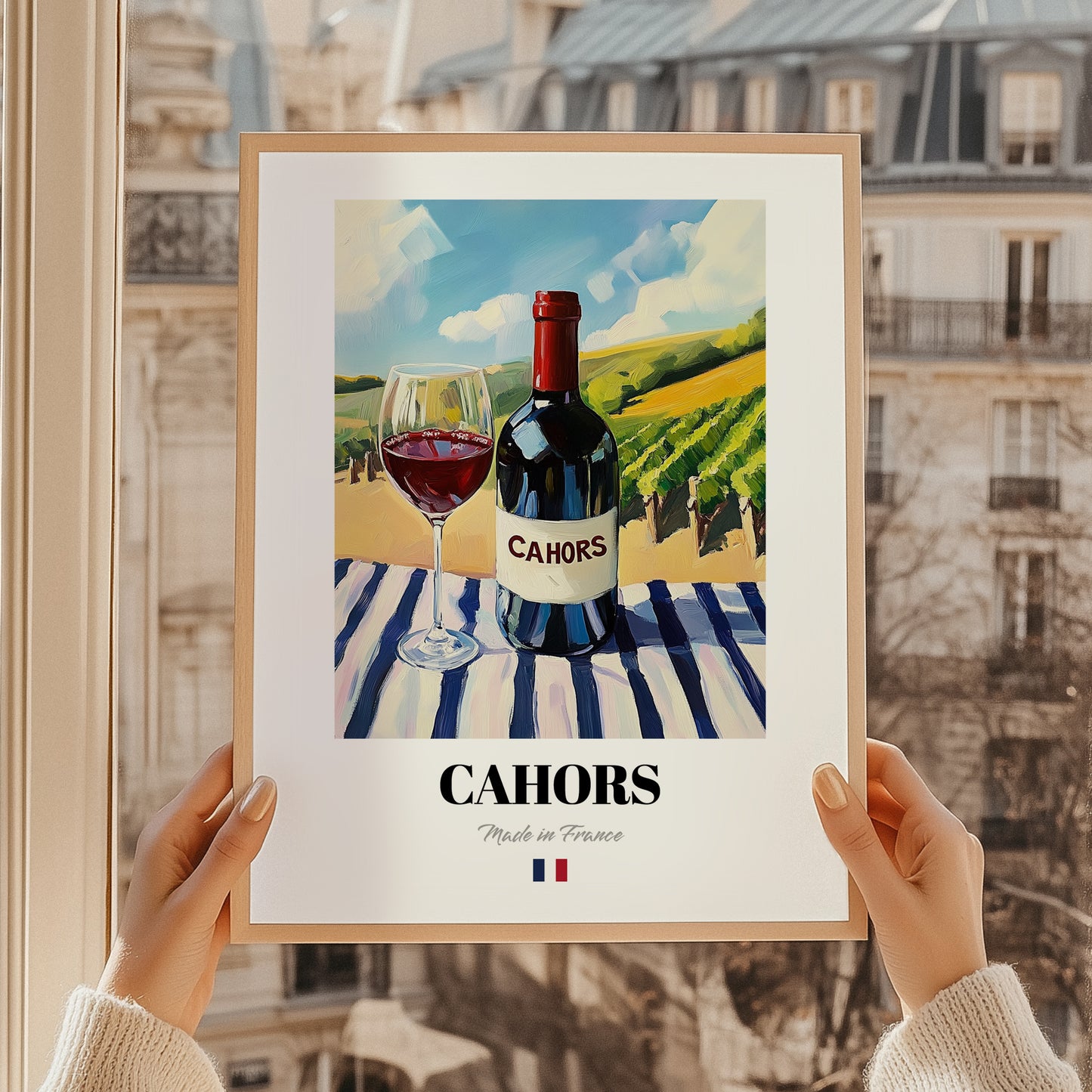 Cahors – French Red Wine, Vineyard Terrace Print, styled in a charming Paris street view