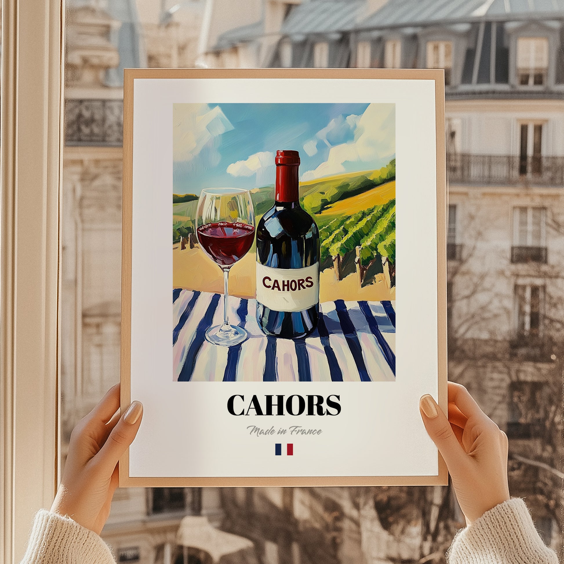 Cahors – French Red Wine, Vineyard Terrace Print, styled in a charming Paris street view