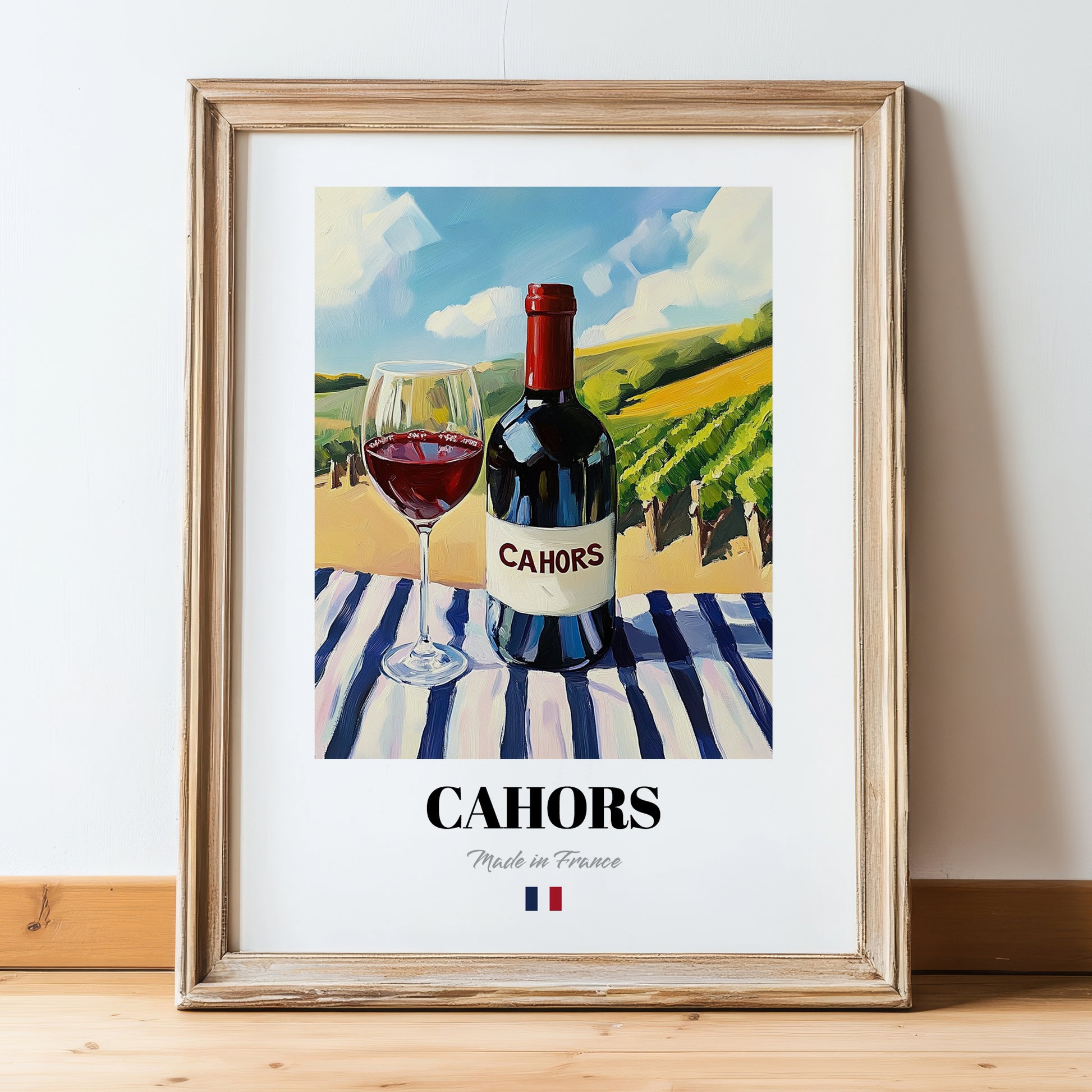 Cahors – French Red Wine, Vineyard Terrace Print, in wooden frame leaning on the floor