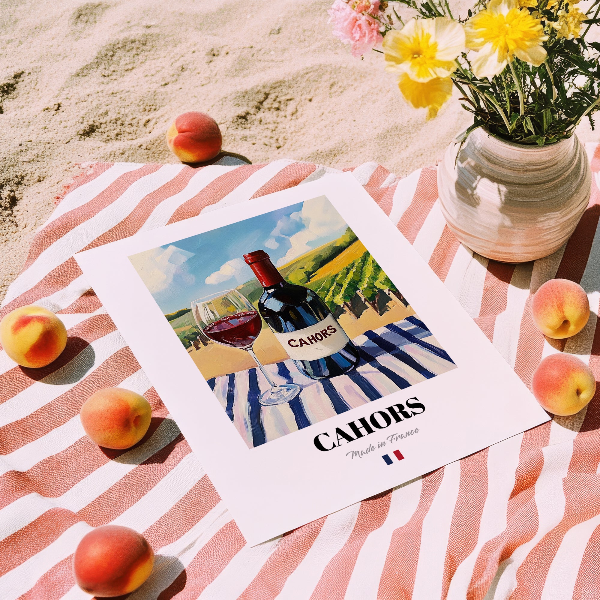 Cahors – French Red Wine, Vineyard Terrace Print, unframed on coastal sand