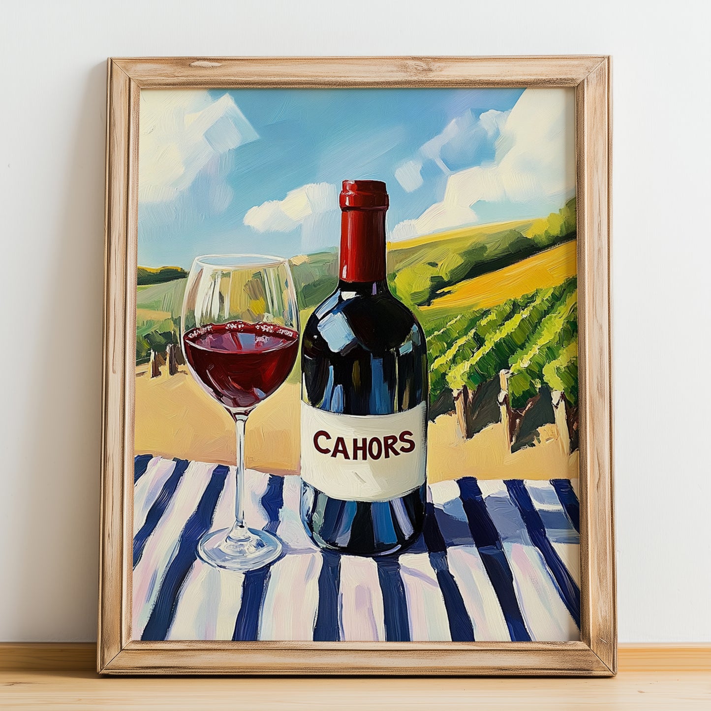 Cahors – French Red Wine, Vineyard Terrace Print, no-text version framed in wood