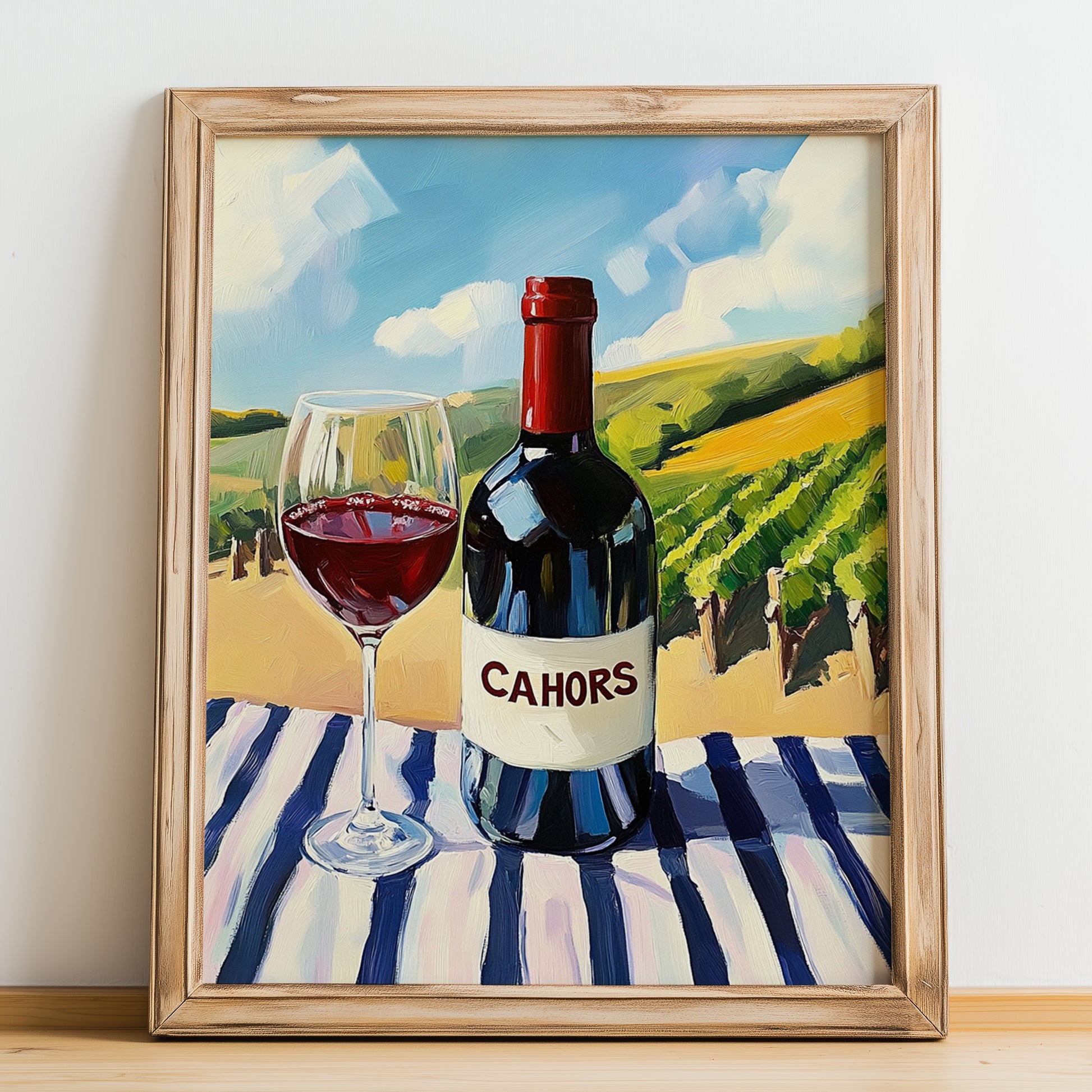 Cahors – French Red Wine, Vineyard Terrace Print, no-text version framed in wood