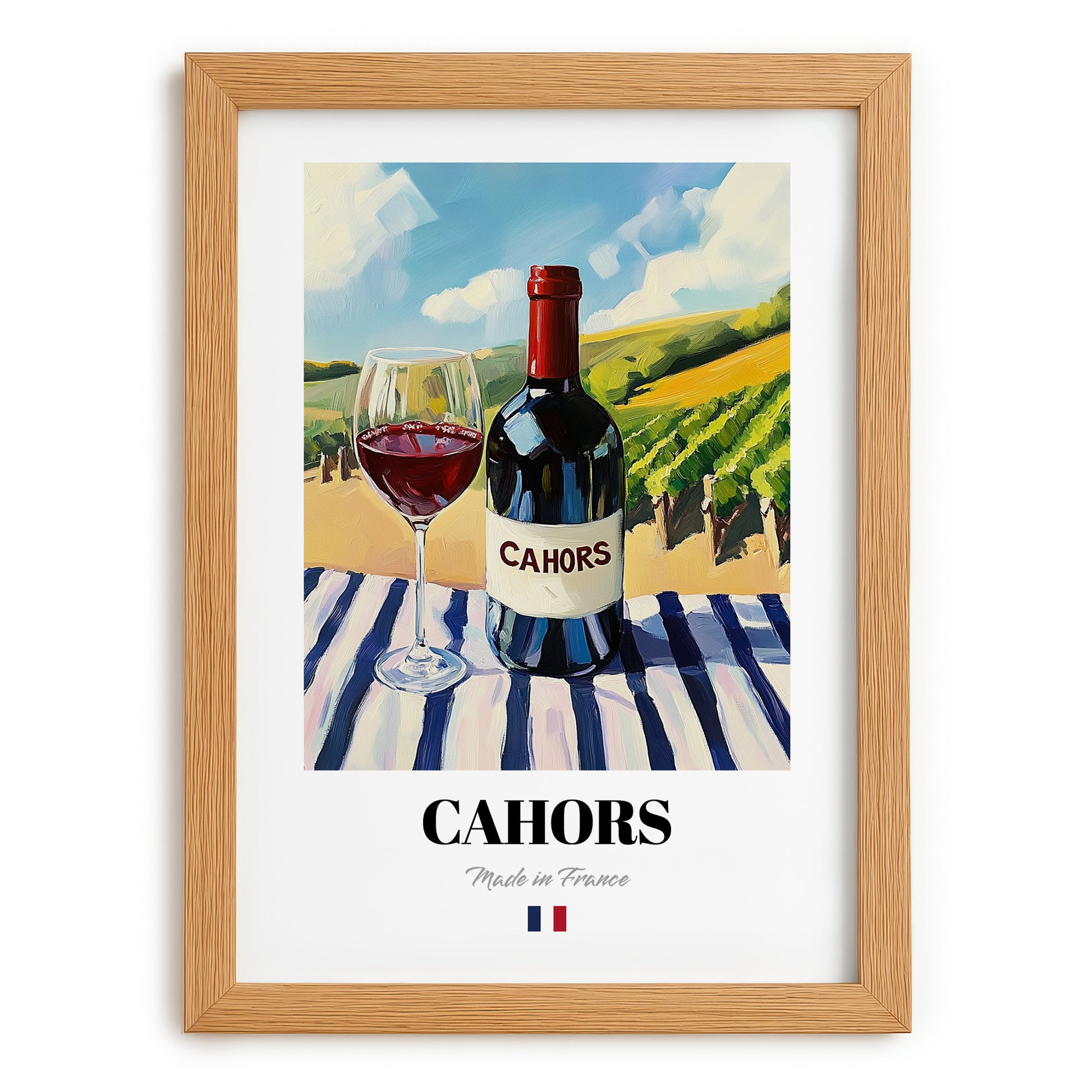 Cahors – French Red Wine, Vineyard Terrace Print, set in oak frame