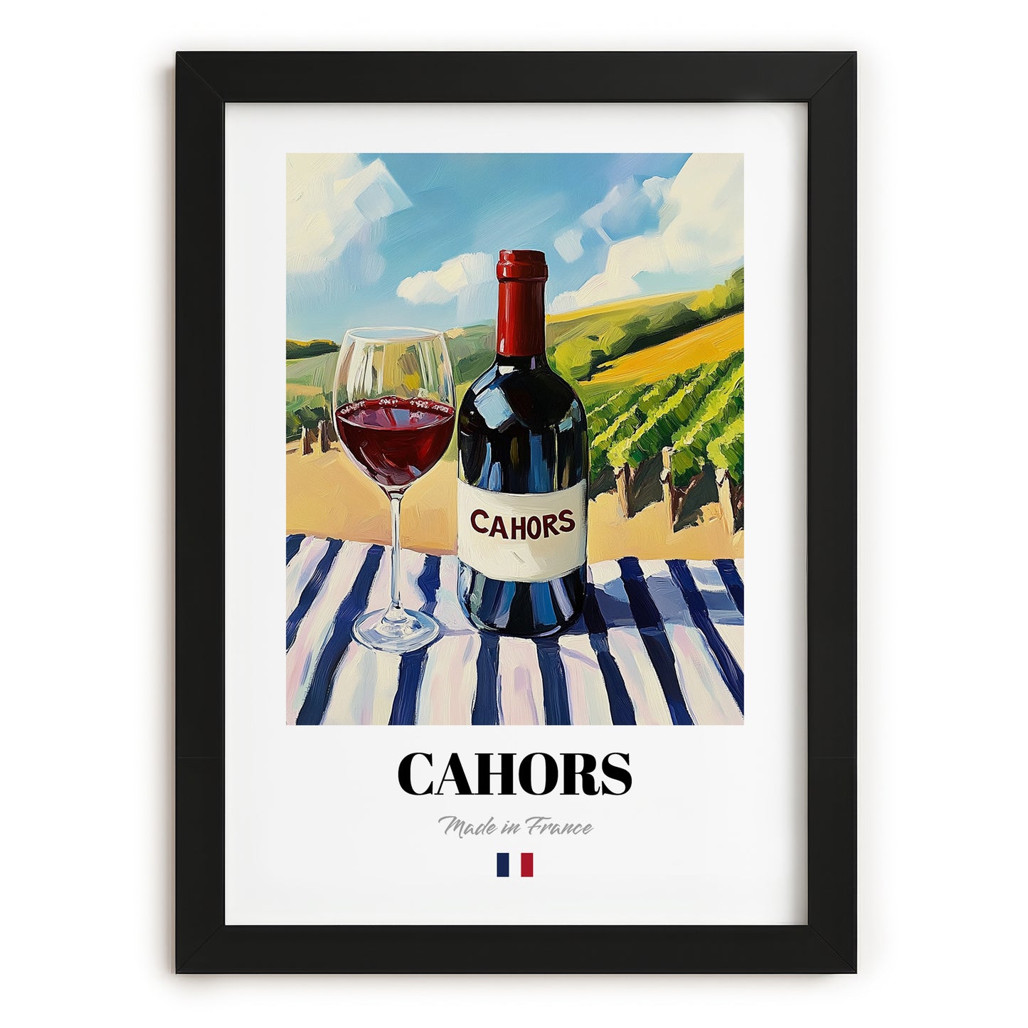 Cahors – French Red Wine, Vineyard Terrace Print, in sleek black frame