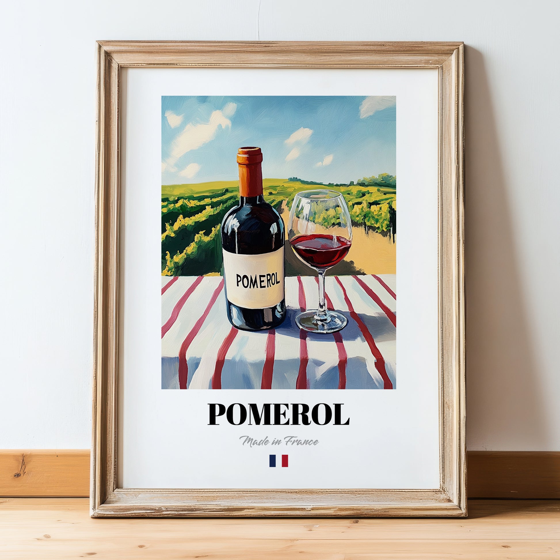 Pomerol – French Red Wine, Vinoteca Still Life, in wooden frame leaning on the floor