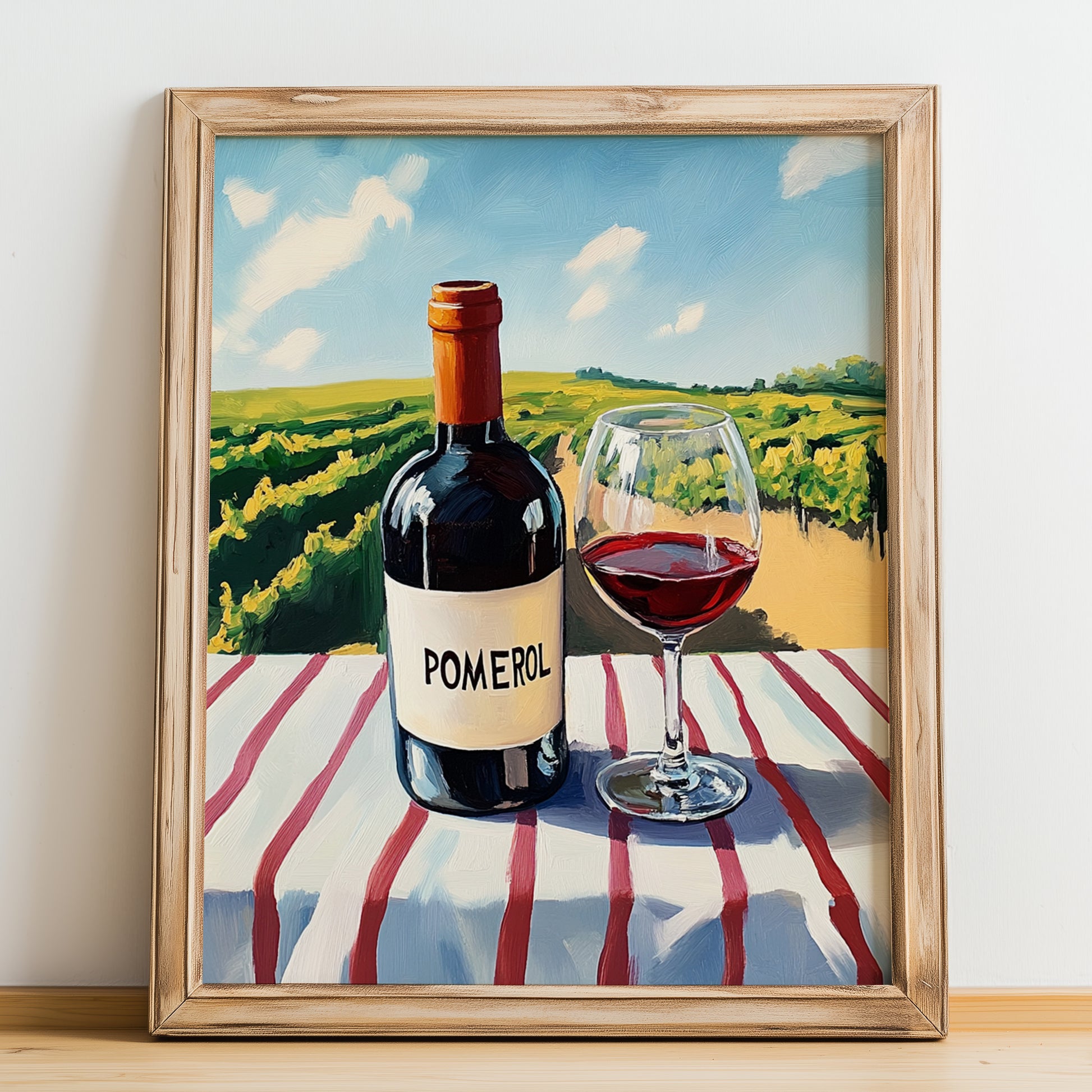 Pomerol – French Red Wine, Vinoteca Still Life, no-text version framed in wood