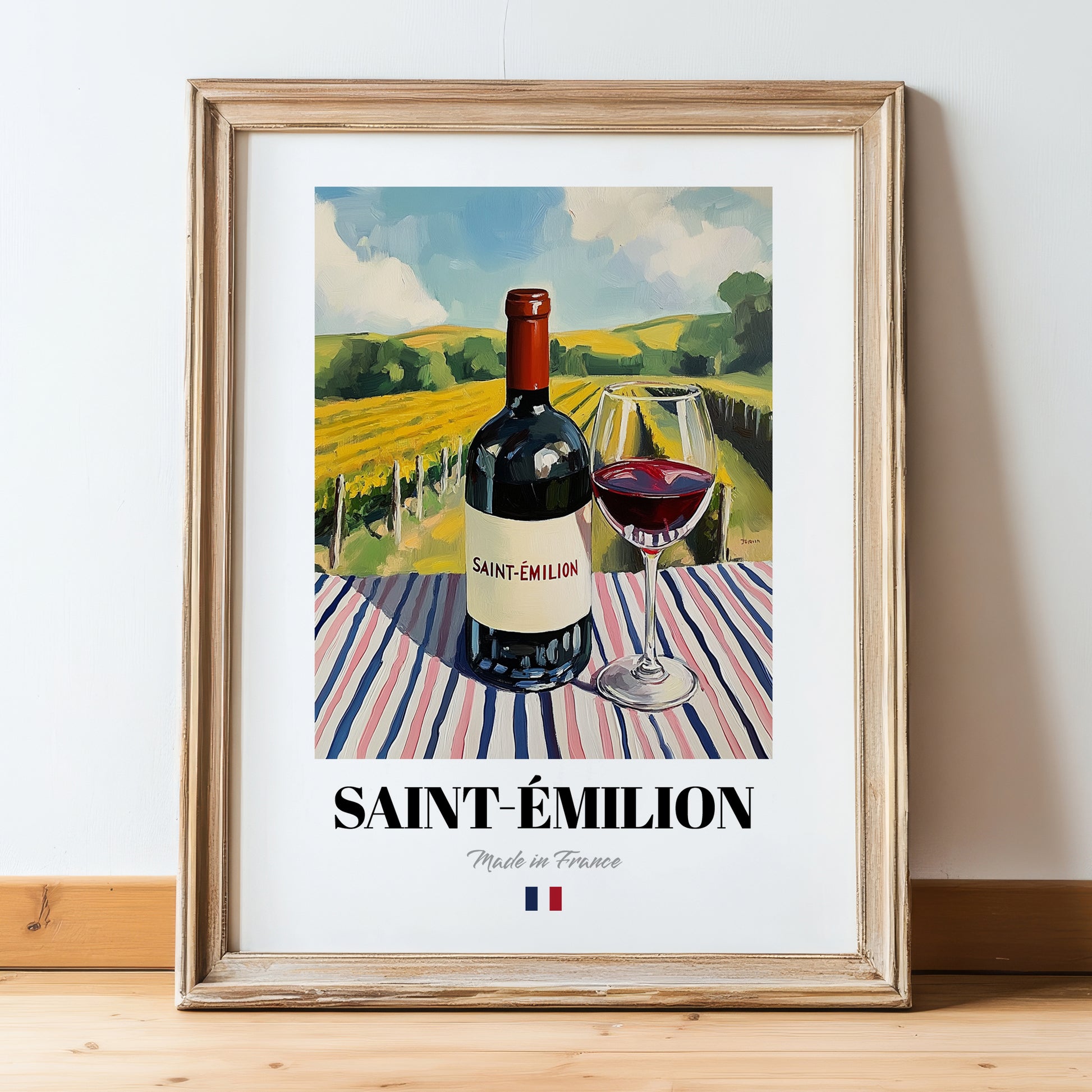 Saint-Émilion – French Red Wine, Vinoteca Still Life, in wooden frame leaning on the floor