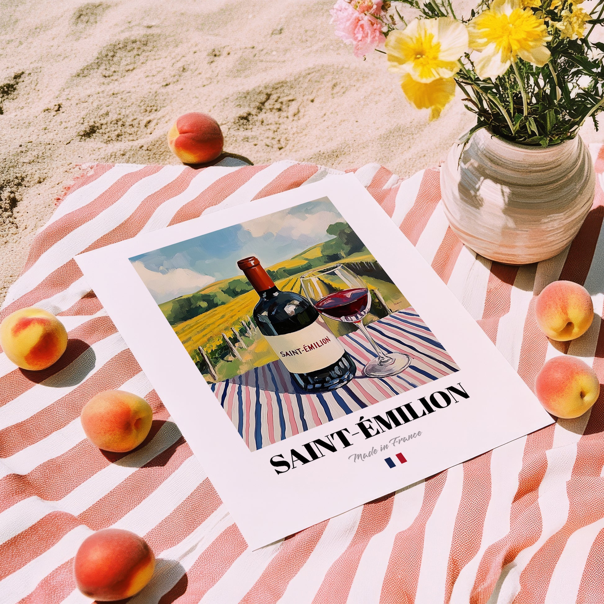 Saint-Émilion – French Red Wine, Vinoteca Still Life, unframed on coastal sand