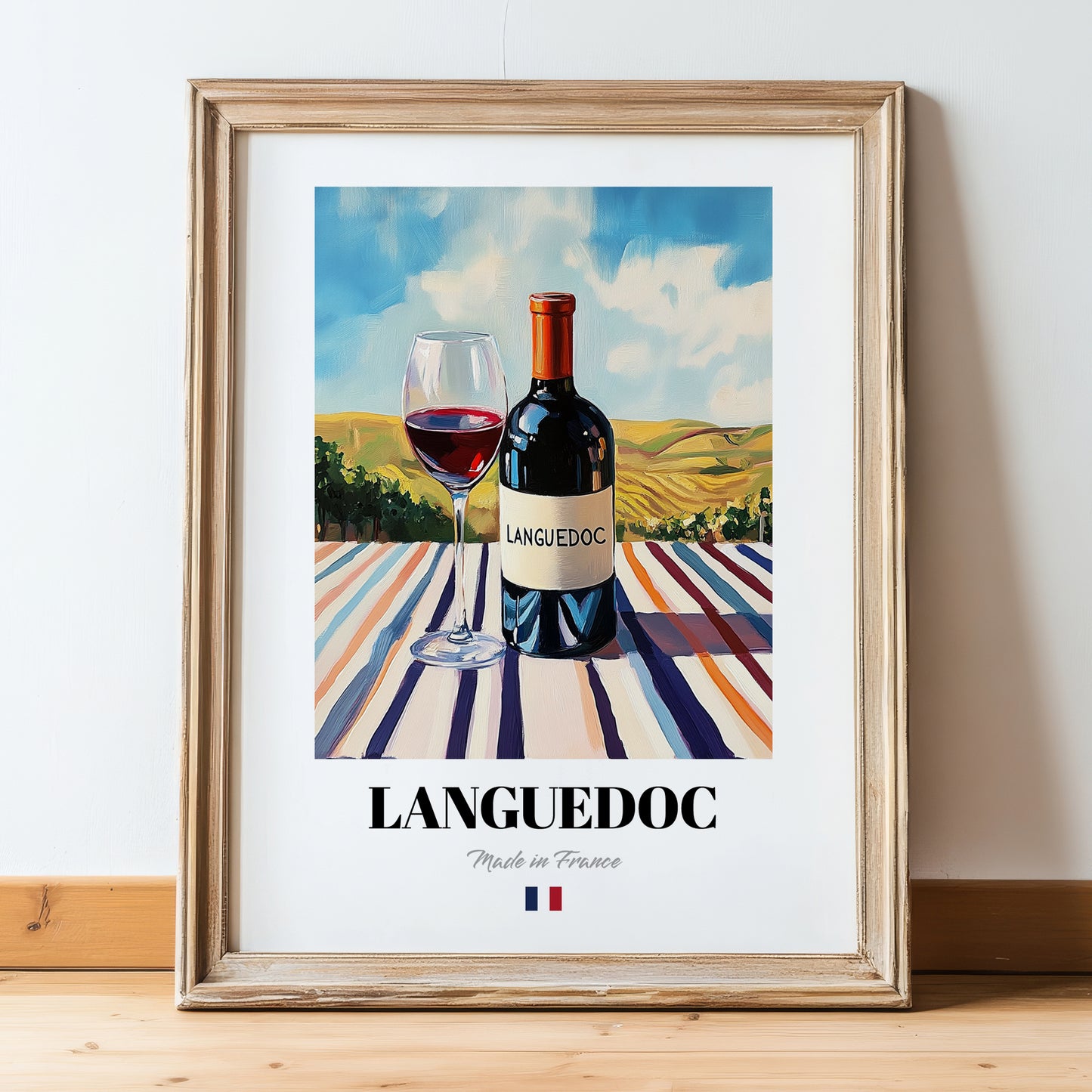 Languedoc – French Red Wine, Enoteca Wall Decor, in wooden frame leaning on the floor