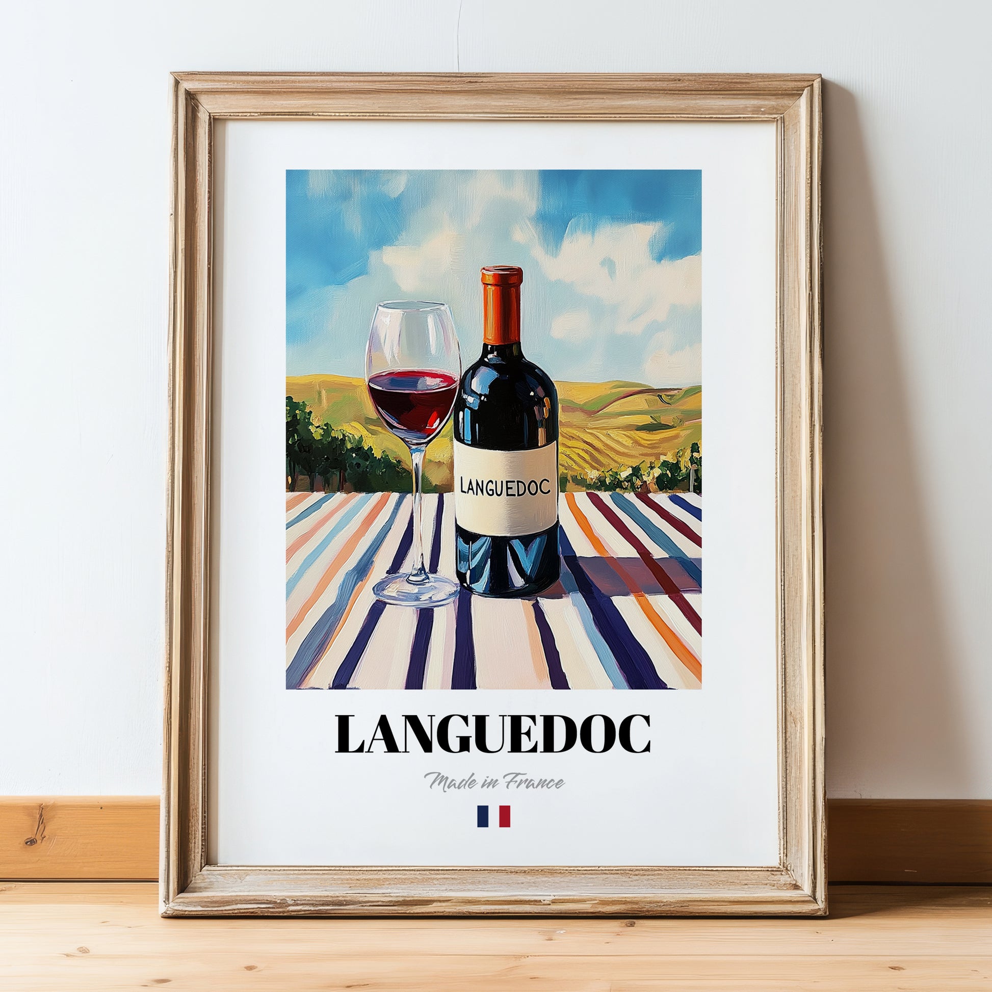 Languedoc – French Red Wine, Enoteca Wall Decor, in wooden frame leaning on the floor