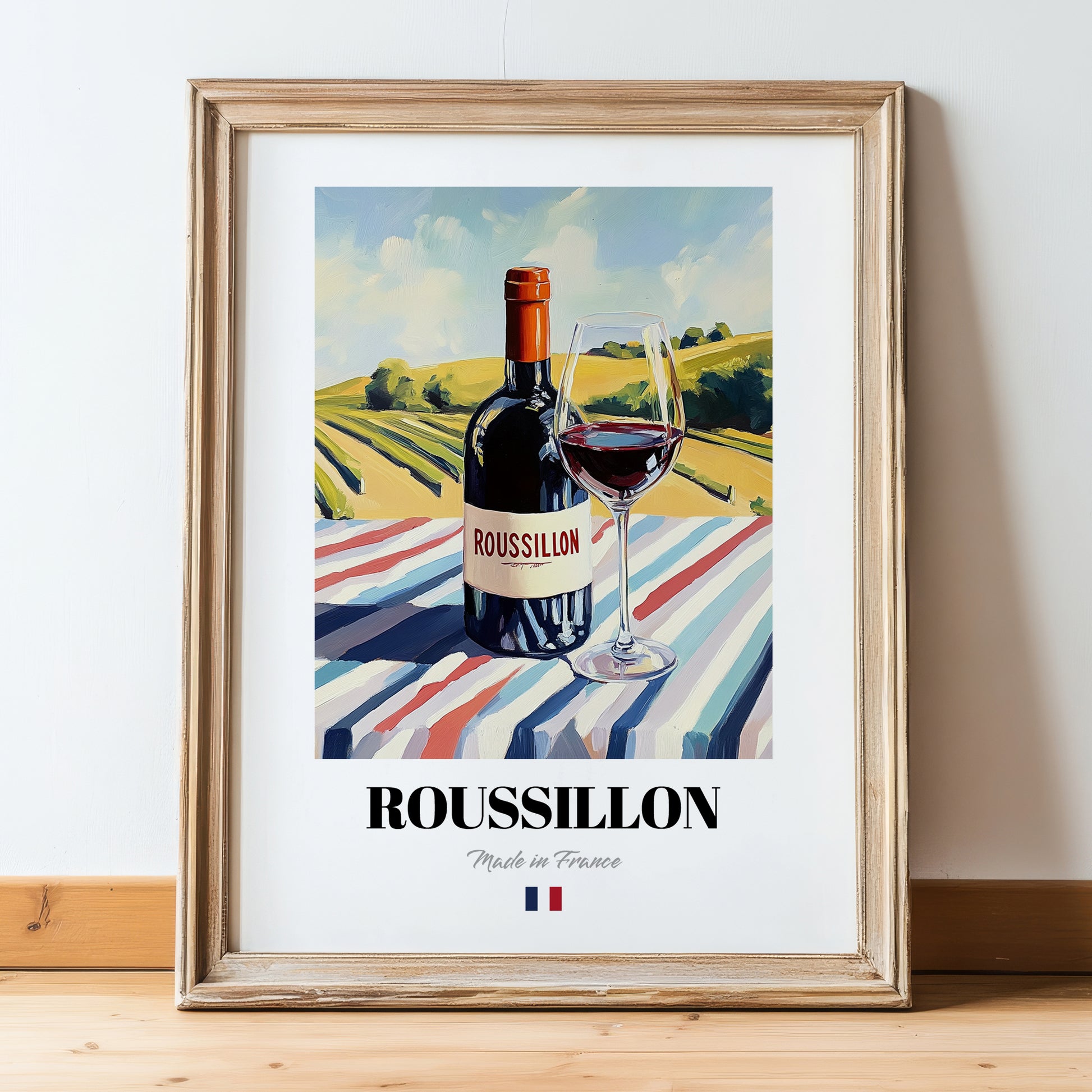 Roussillon – French Red Wine, Enoteca Wall Art, in wooden frame leaning on the floor