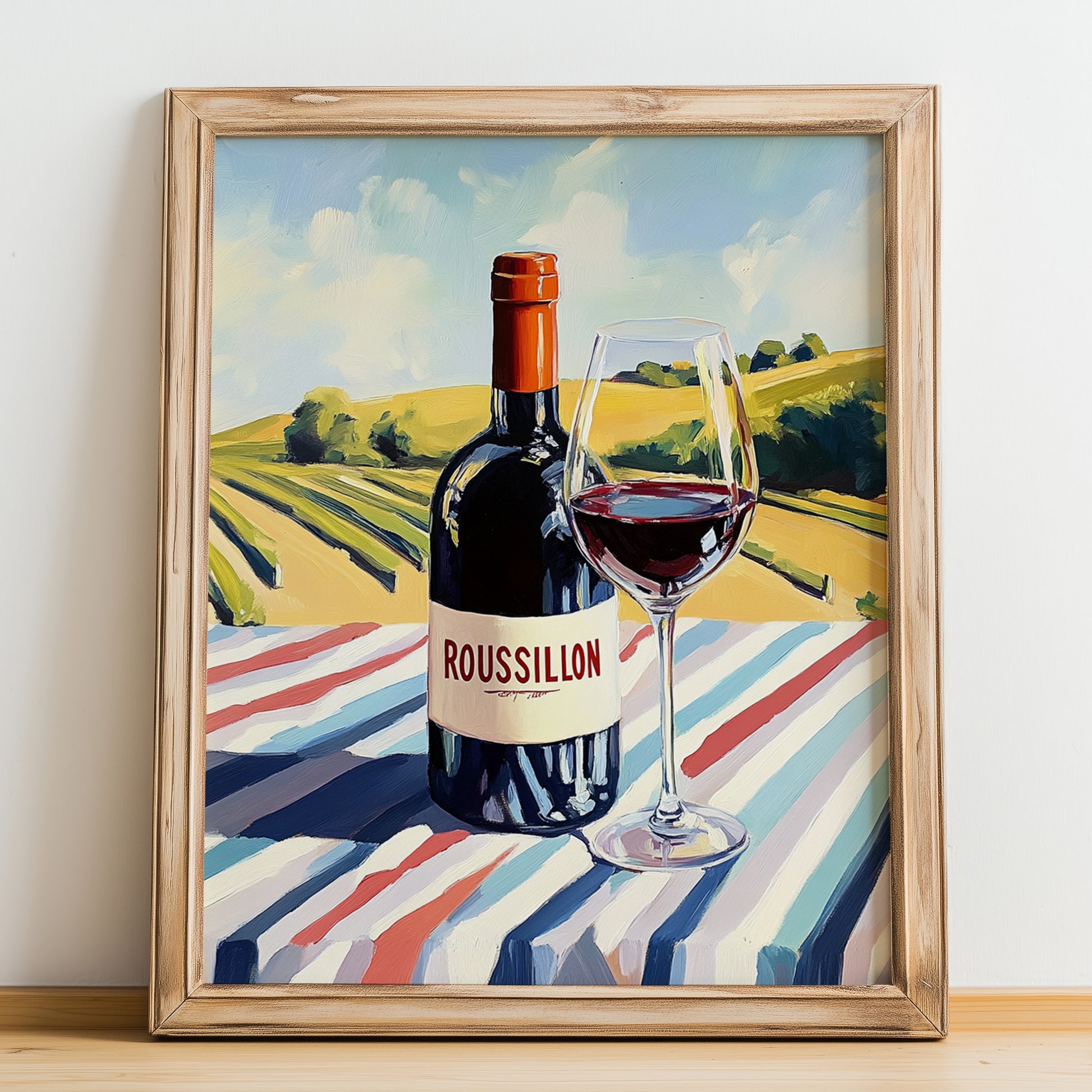 Roussillon – French Red Wine, Enoteca Wall Art, no-text version framed in wood