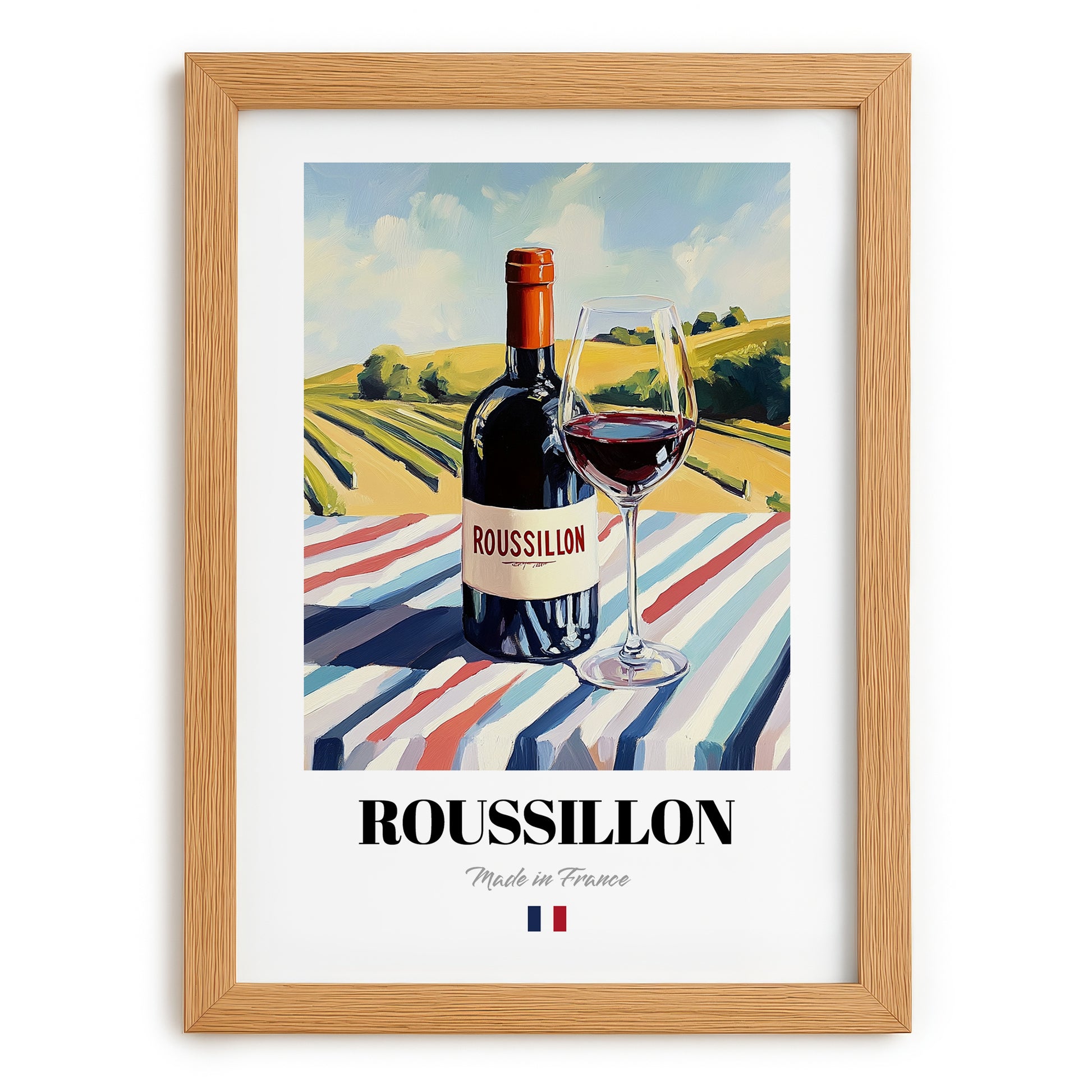 Roussillon – French Red Wine, Enoteca Wall Art, set in oak frame