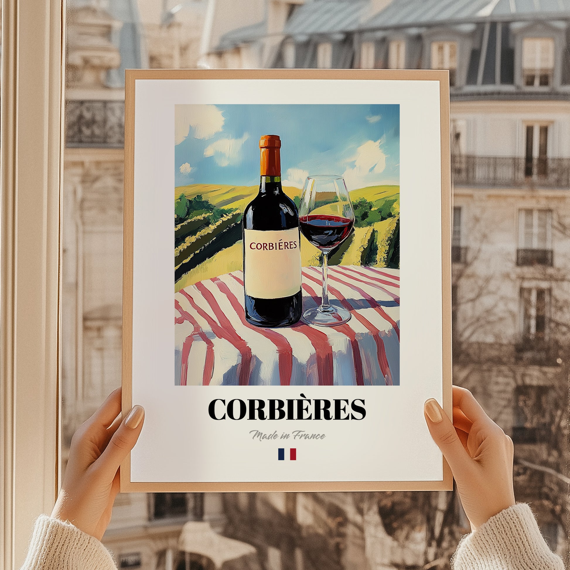 Corbières – French Red Wine, Wine Bar Print, styled in a charming Paris street view
