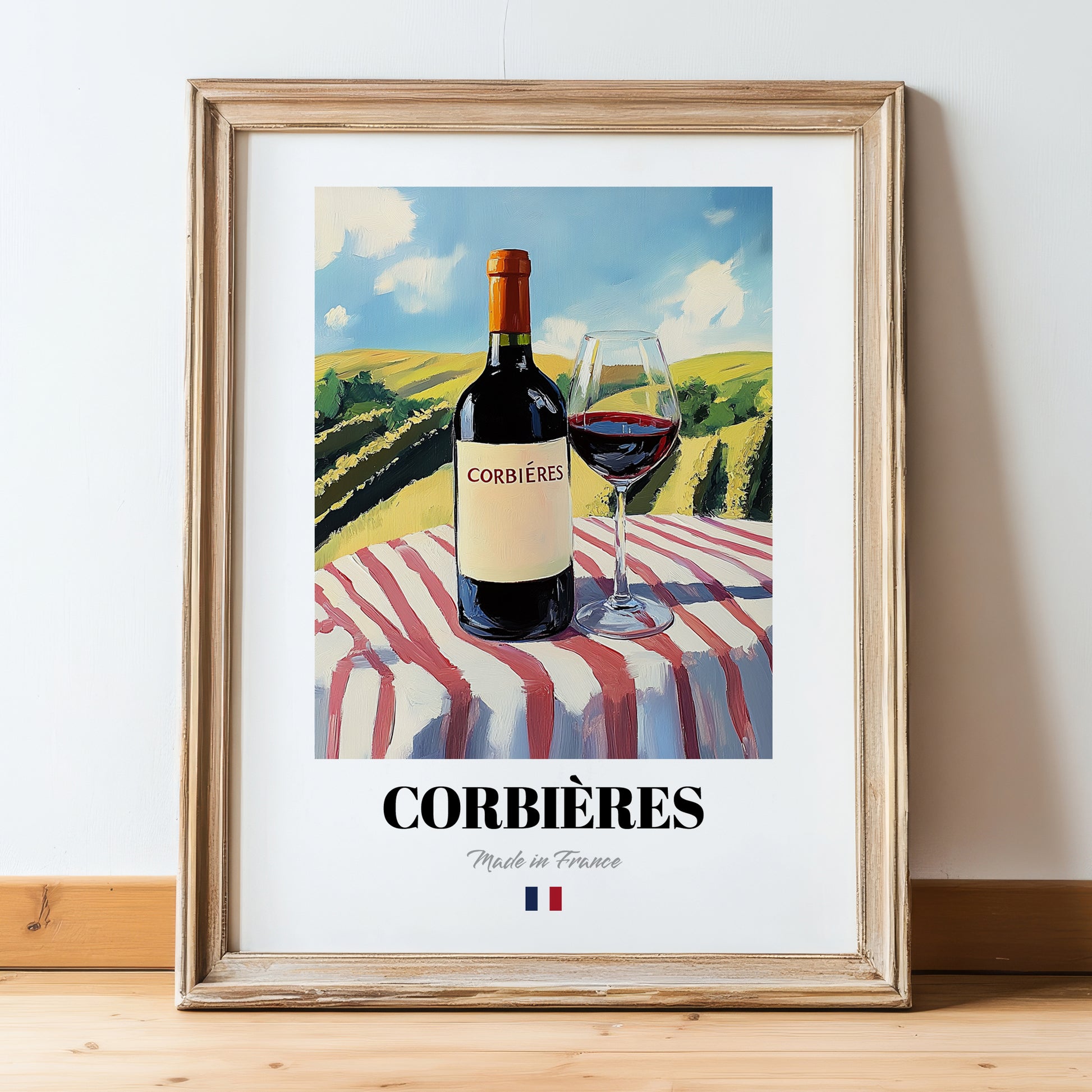 Corbières – French Red Wine, Wine Bar Print, in wooden frame leaning on the floor