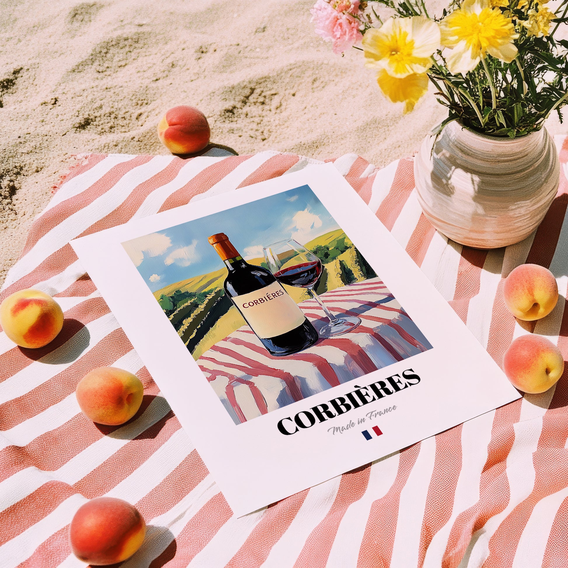 Corbières – French Red Wine, Wine Bar Print, unframed on coastal sand