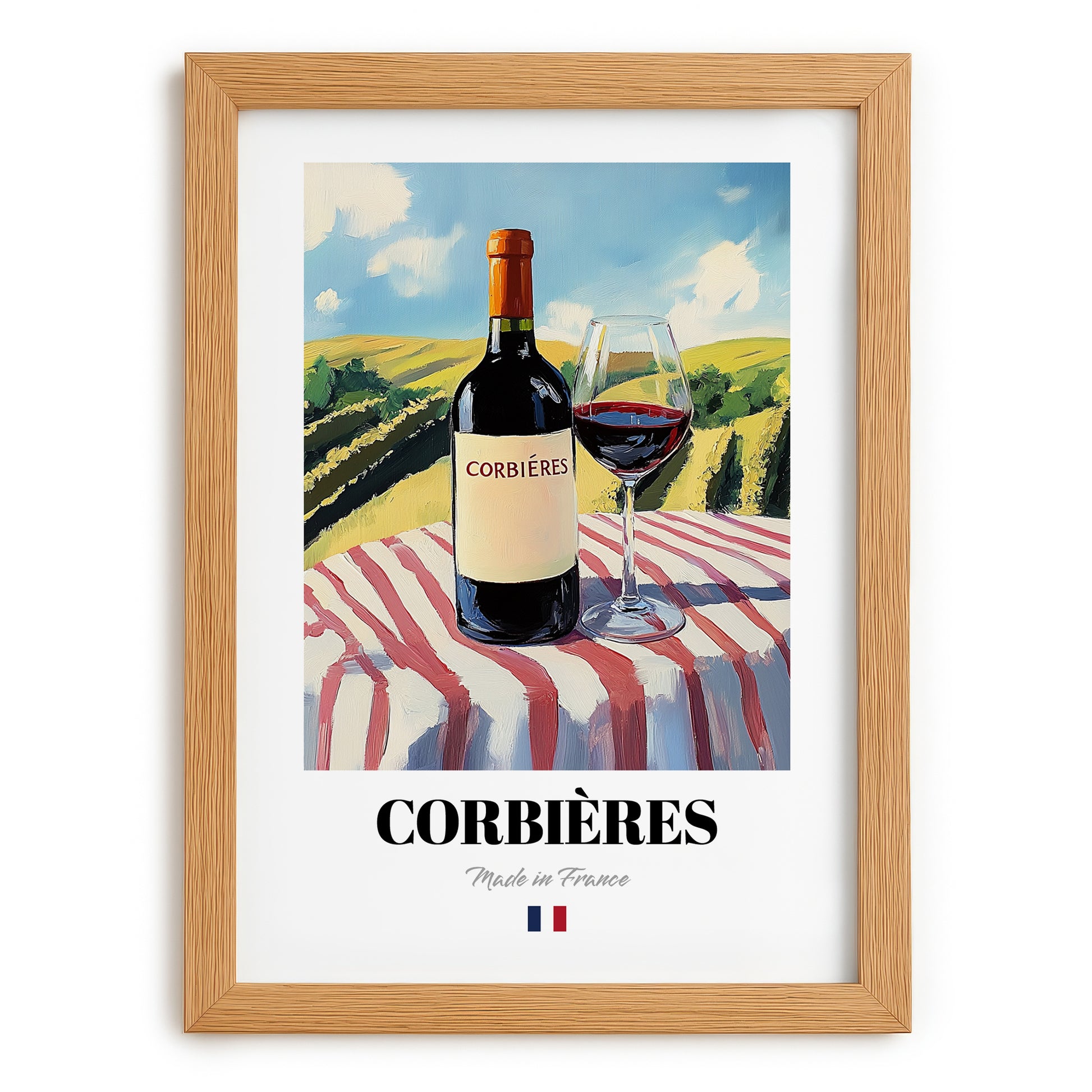 Corbières – French Red Wine, Wine Bar Print, set in oak frame
