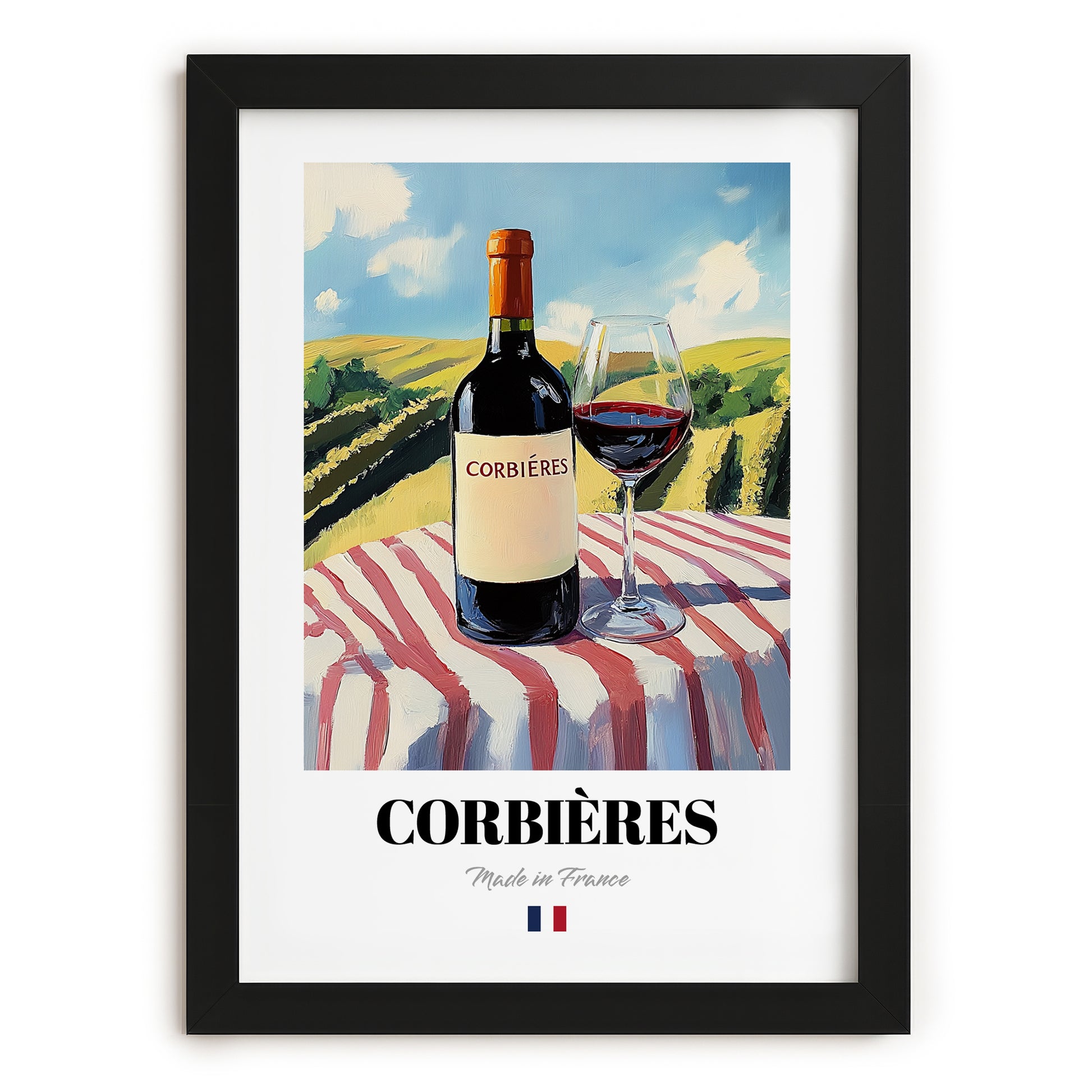 Corbières – French Red Wine, Wine Bar Print, in sleek black frame