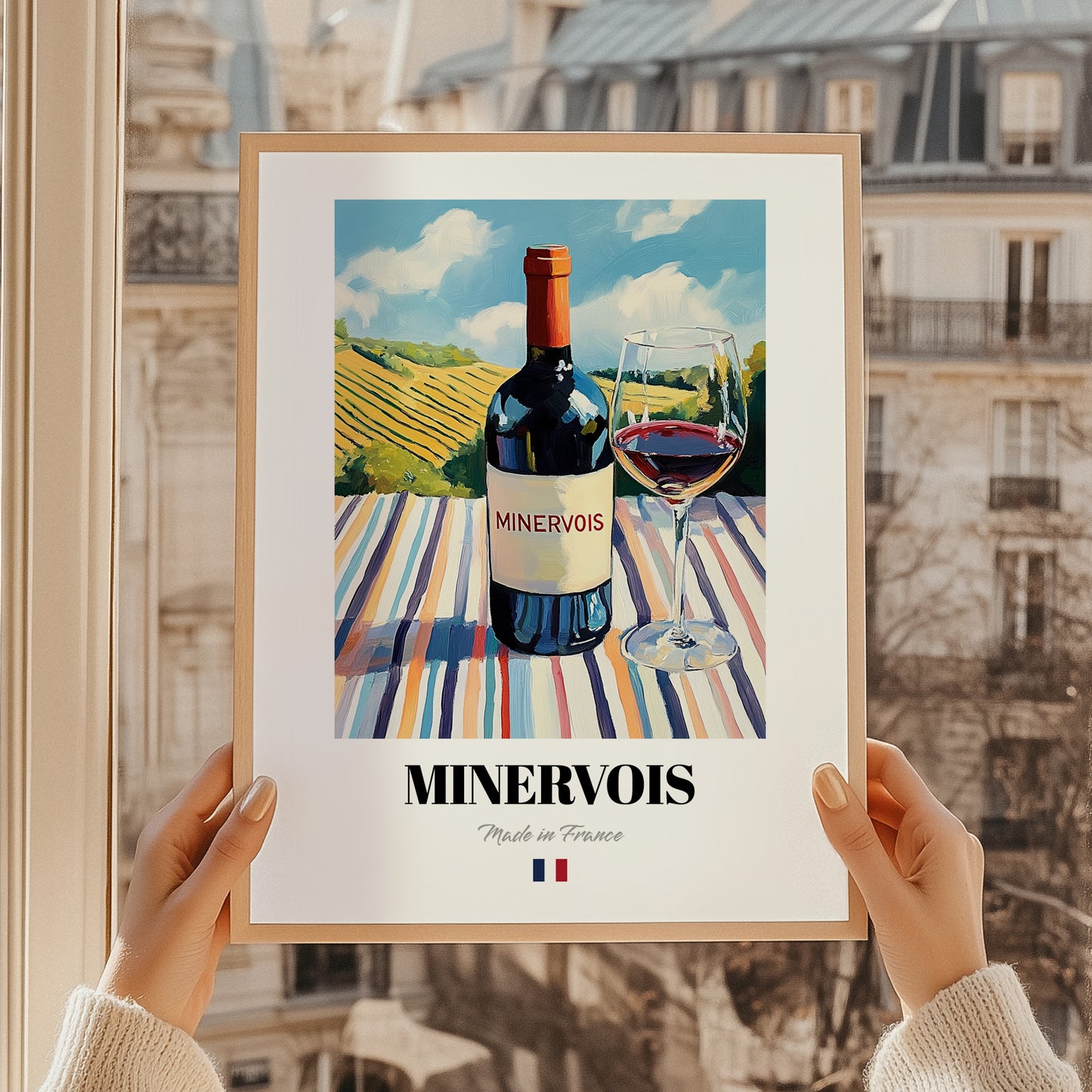 Minervois – French Red Wine, Wine Bar Print, styled in a charming Paris street view