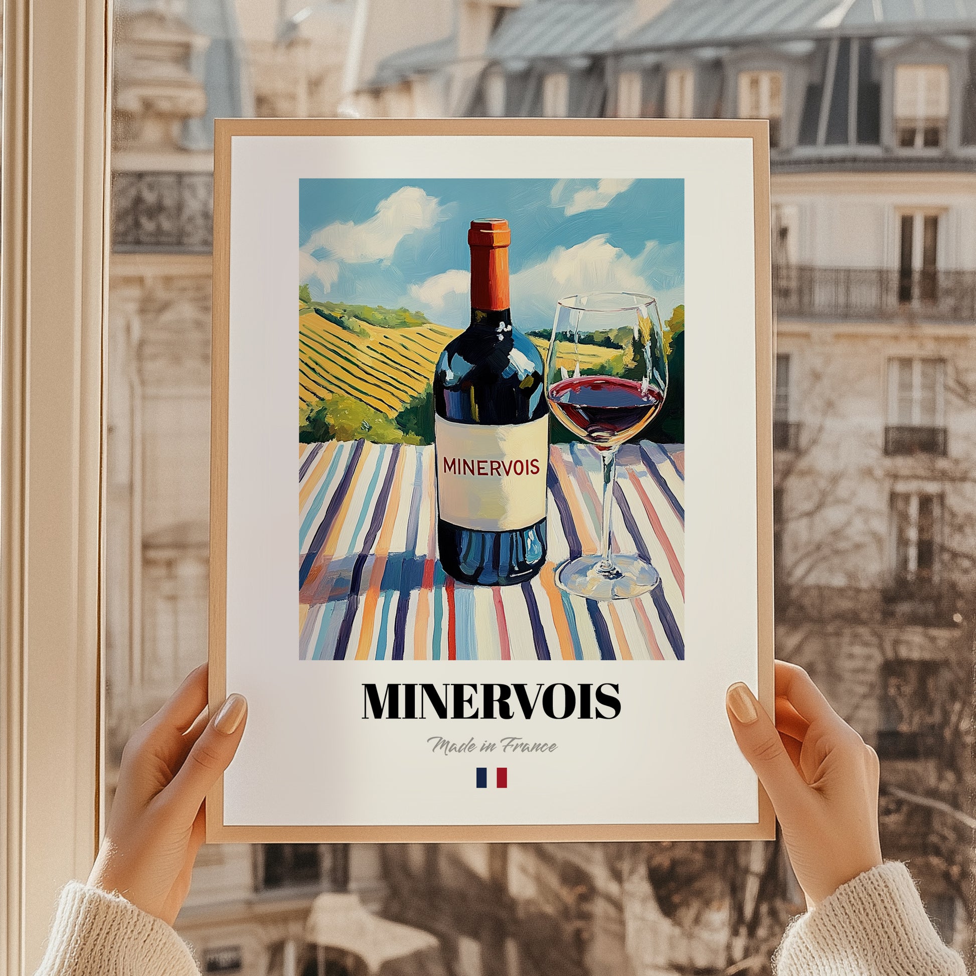 Minervois – French Red Wine, Wine Bar Print, styled in a charming Paris street view