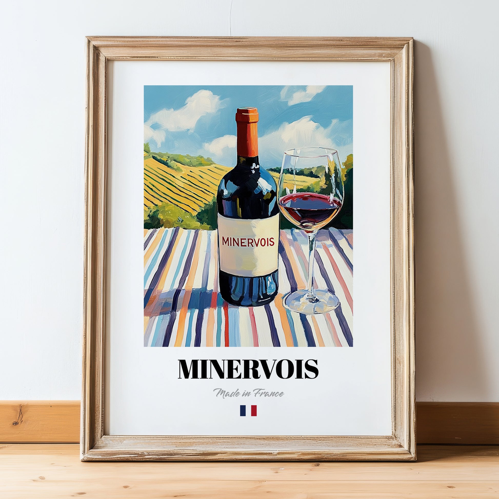Minervois – French Red Wine, Wine Bar Print, in wooden frame leaning on the floor