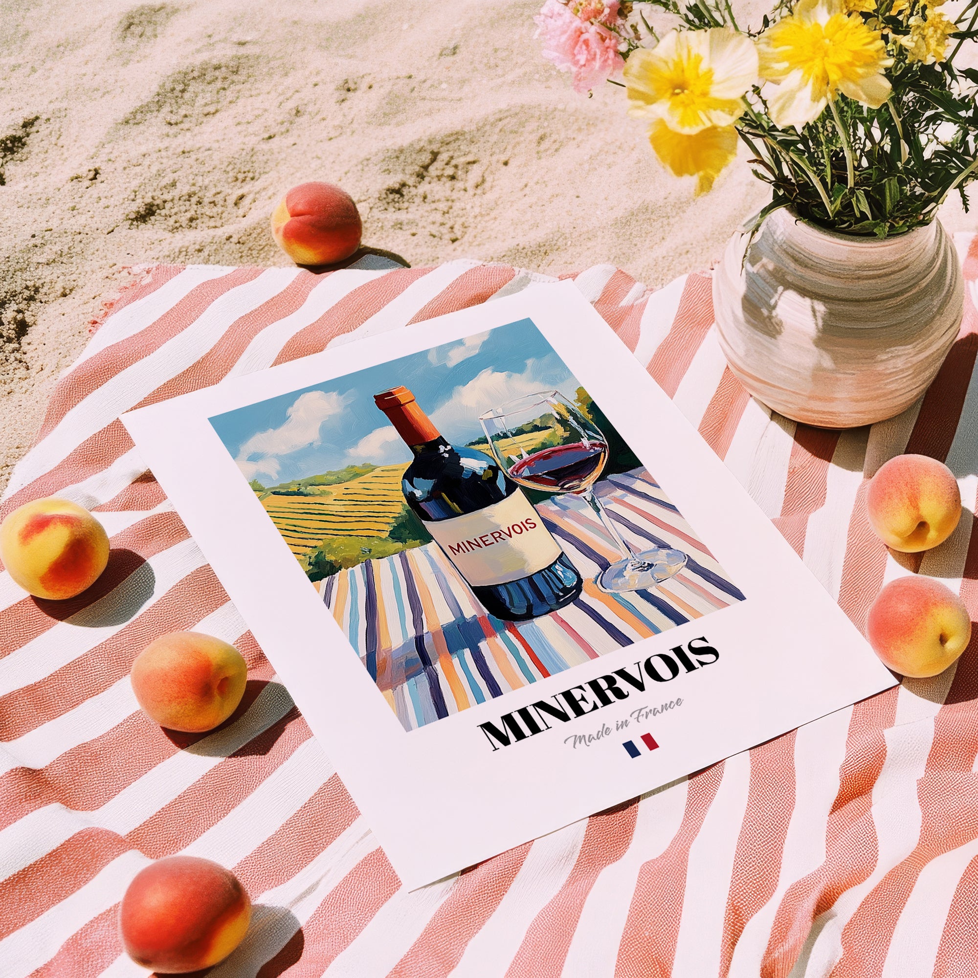 Minervois – French Red Wine, Wine Bar Print, unframed on coastal sand