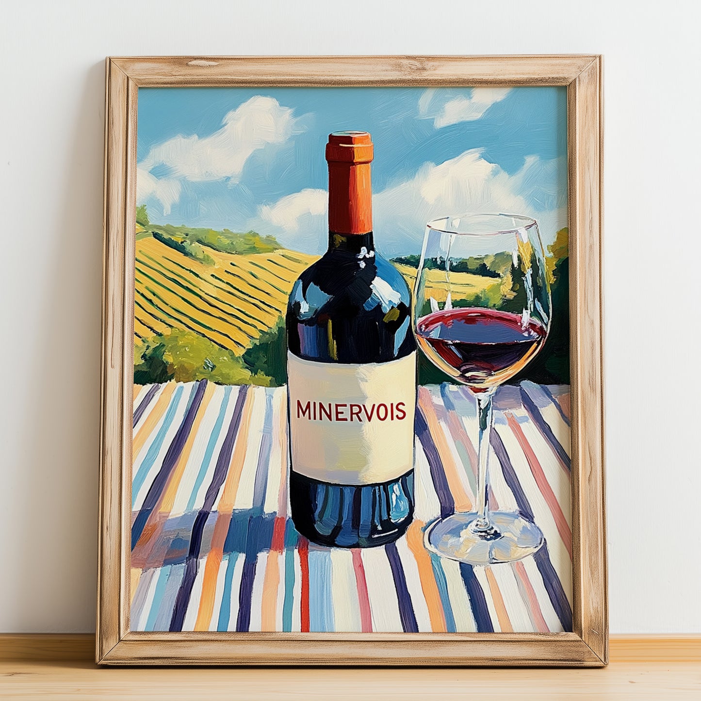 Minervois – French Red Wine, Wine Bar Print, no-text version framed in wood