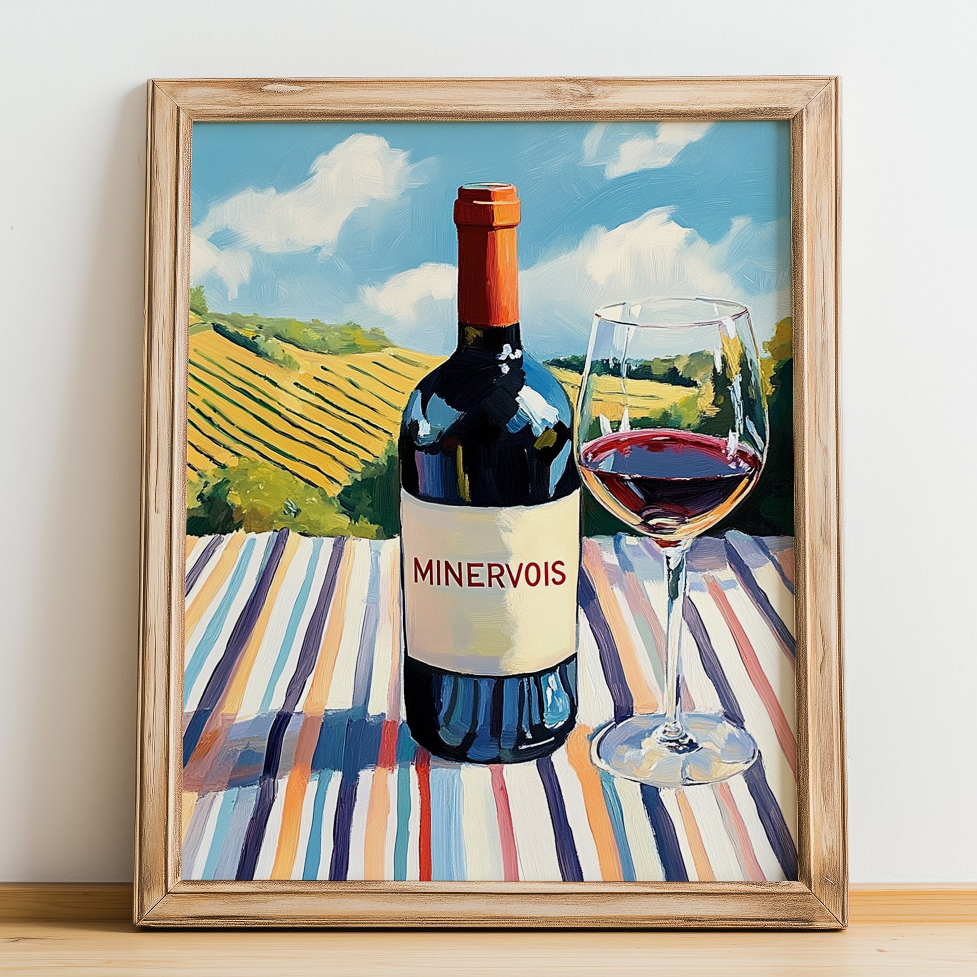 Minervois – French Red Wine, Wine Bar Print, no-text version framed in wood