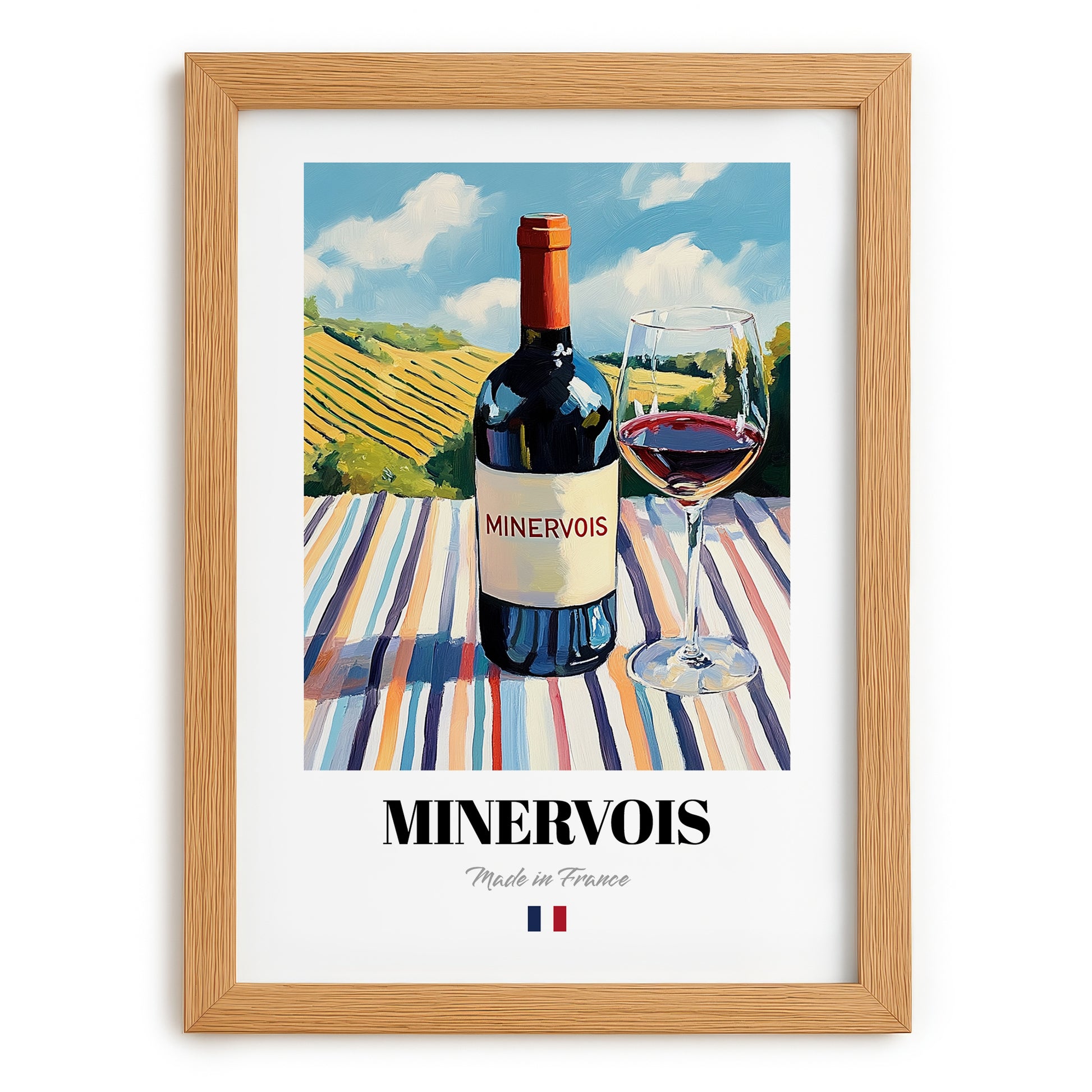 Minervois – French Red Wine, Wine Bar Print, set in oak frame