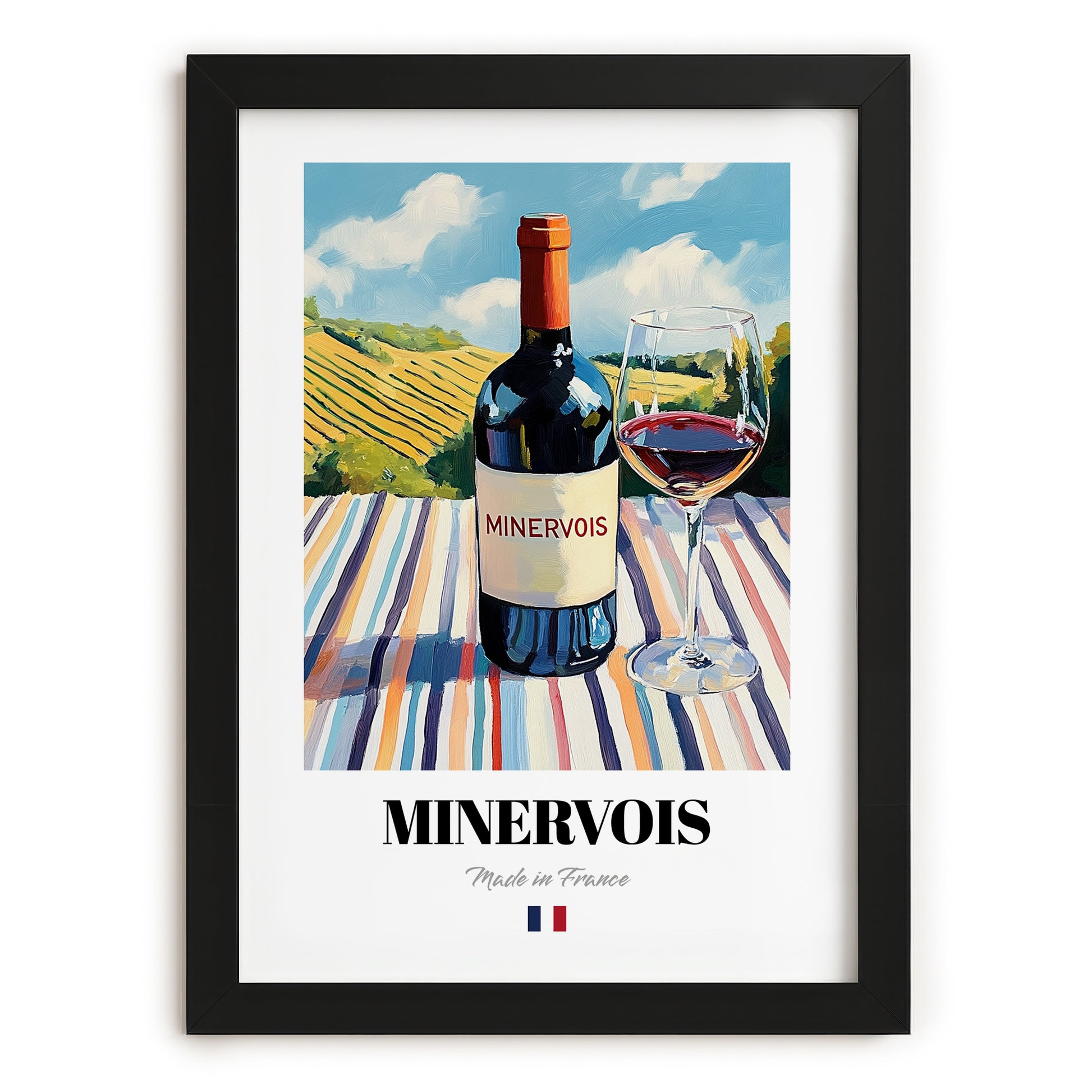 Minervois – French Red Wine, Wine Bar Print, in sleek black frame