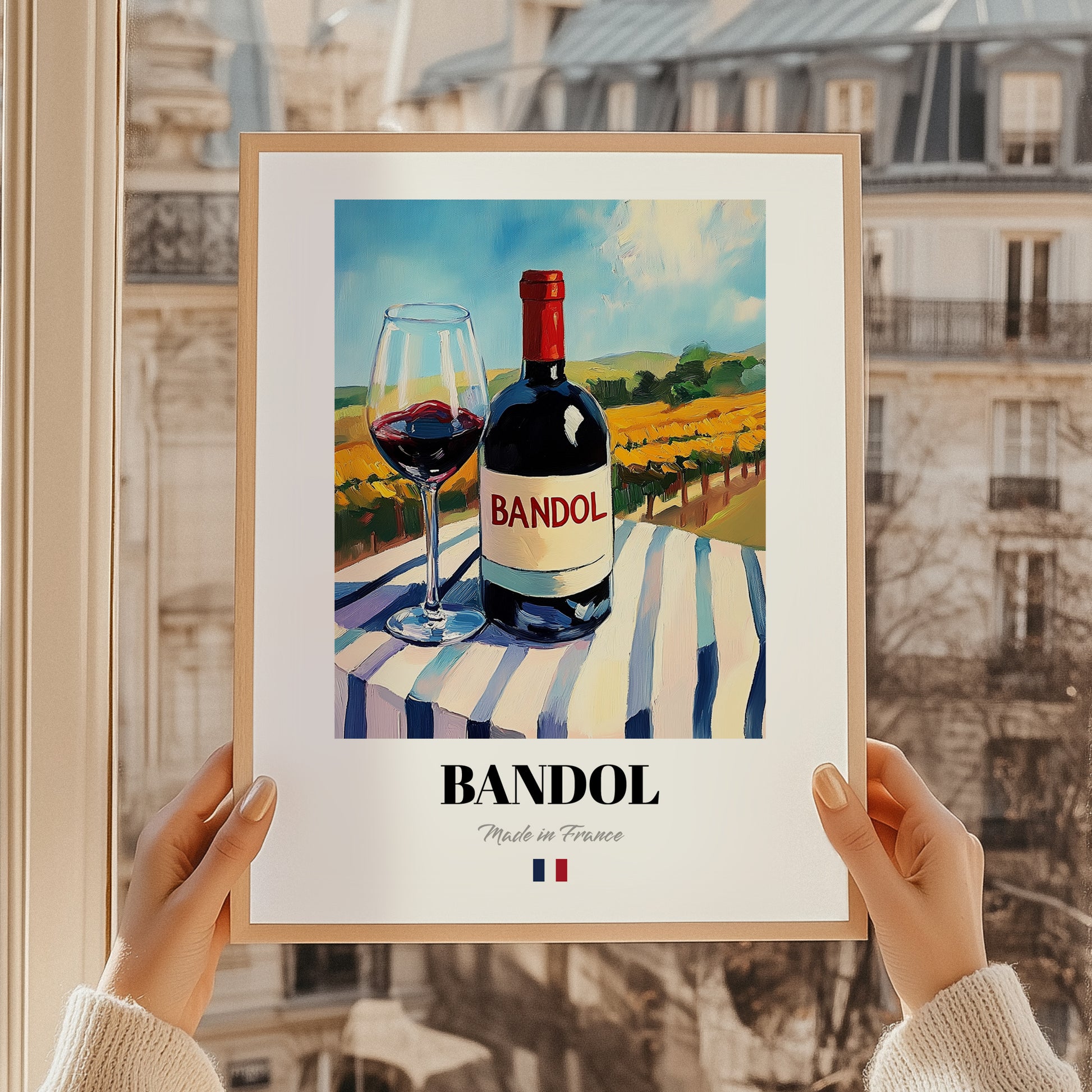 Bandol – French Red Wine, Wine Bar Poster, styled in a charming Paris street view