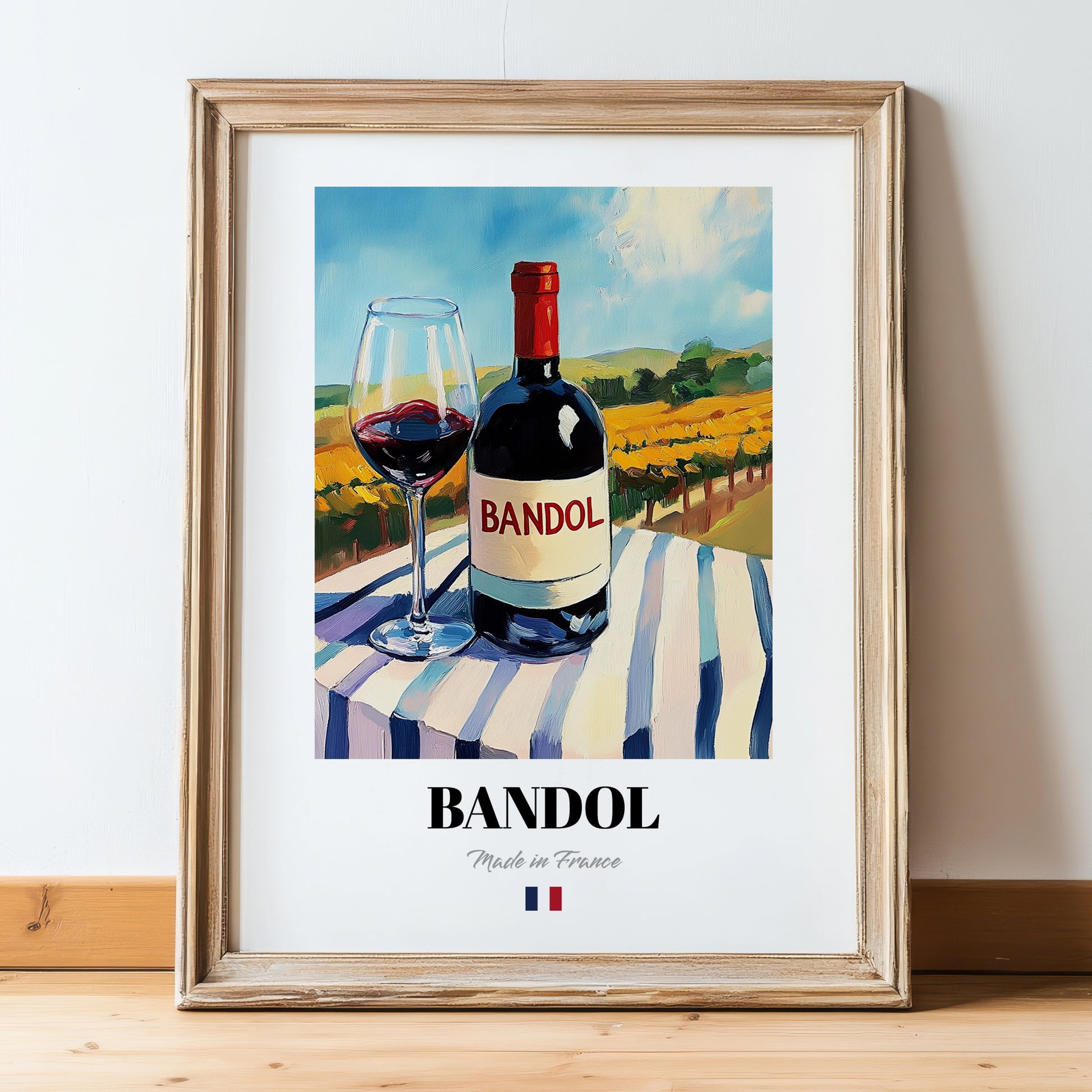 Bandol – French Red Wine, Wine Bar Poster, in wooden frame leaning on the floor