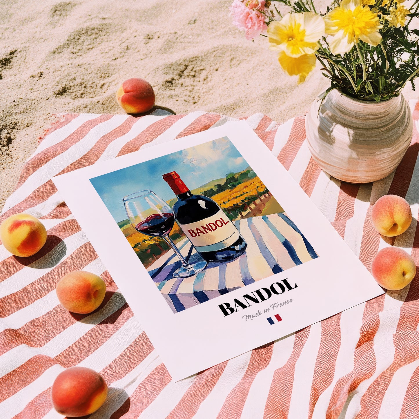 Bandol – French Red Wine, Wine Bar Poster, unframed on coastal sand