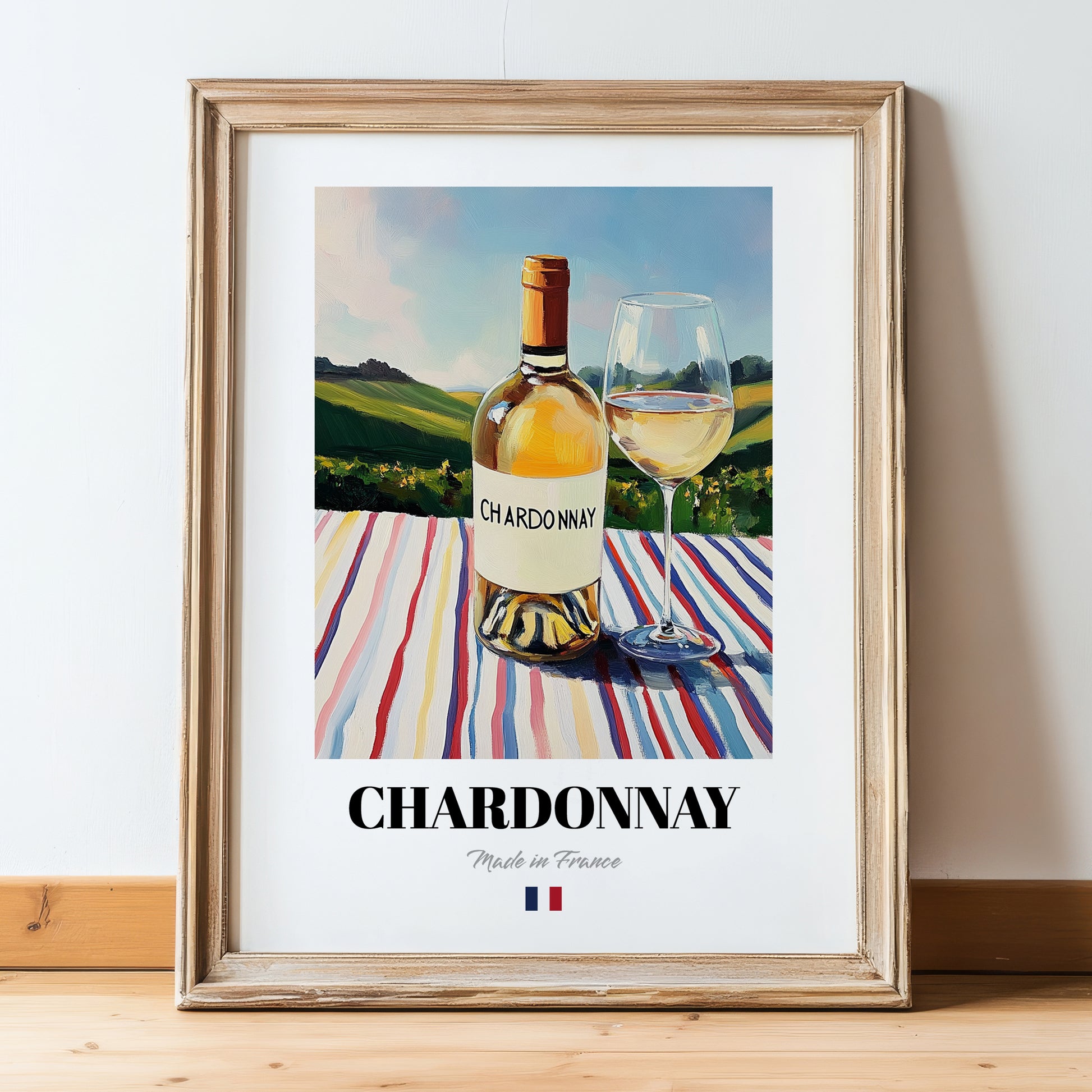 Chardonnay – French White Wine, Vinoteca Wall Art, in wooden frame leaning on the floor