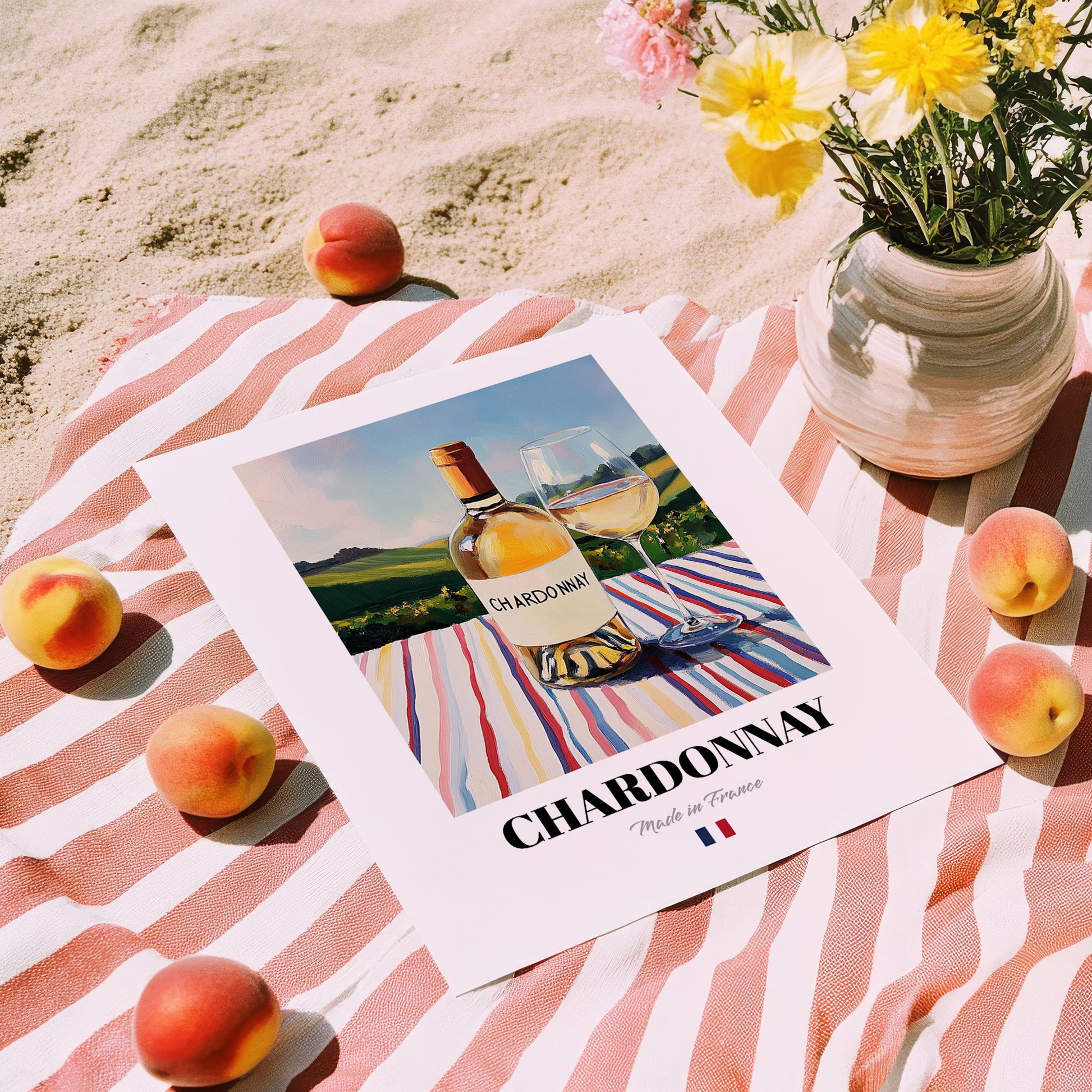 Chardonnay – French White Wine, Vinoteca Wall Art, unframed on coastal sand