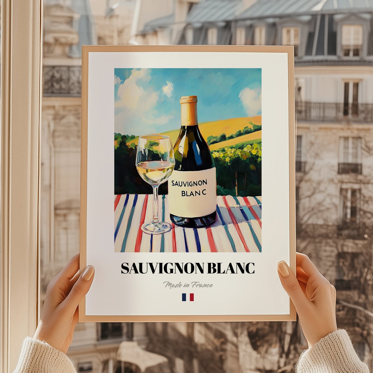 Sauvignon Blanc – French White Wine, Wine Bar Still Life, styled in a charming Paris street view