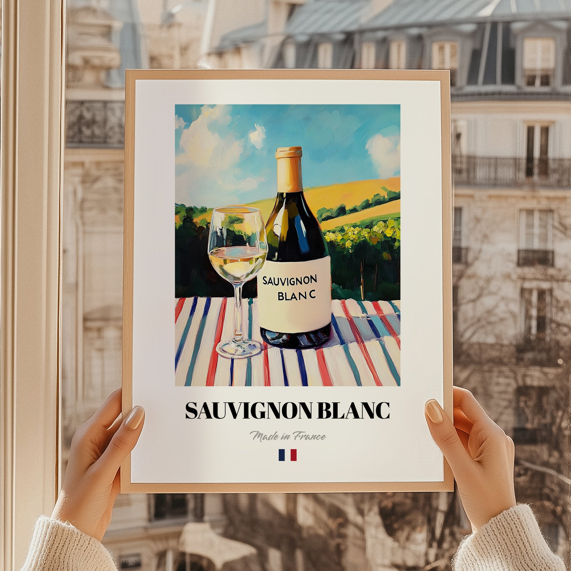 Sauvignon Blanc – French White Wine, Wine Bar Still Life, styled in a charming Paris street view
