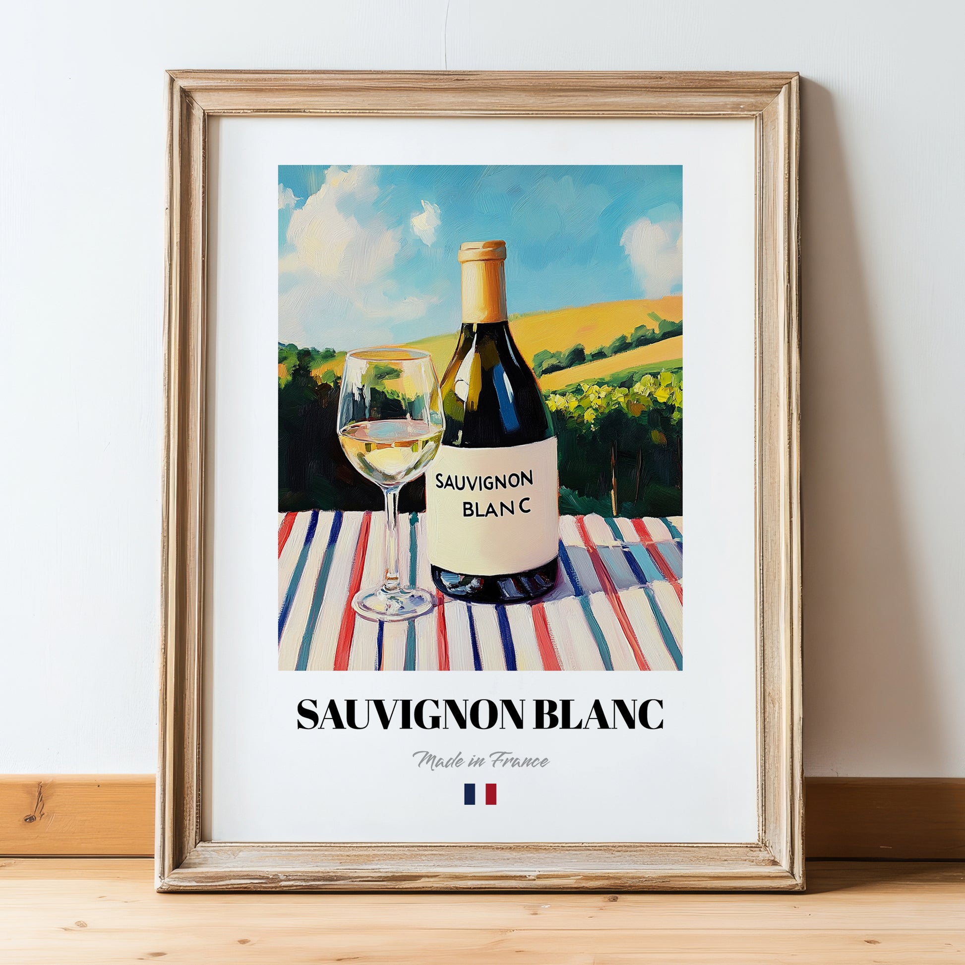 Sauvignon Blanc – French White Wine, Wine Bar Still Life, in wooden frame leaning on the floor