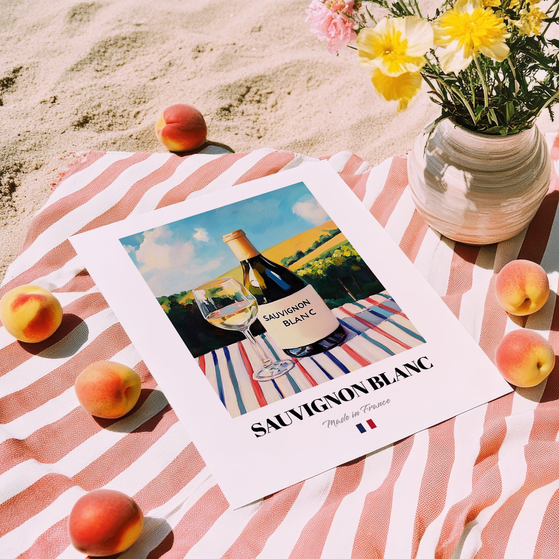 Sauvignon Blanc – French White Wine, Wine Bar Still Life, unframed on coastal sand
