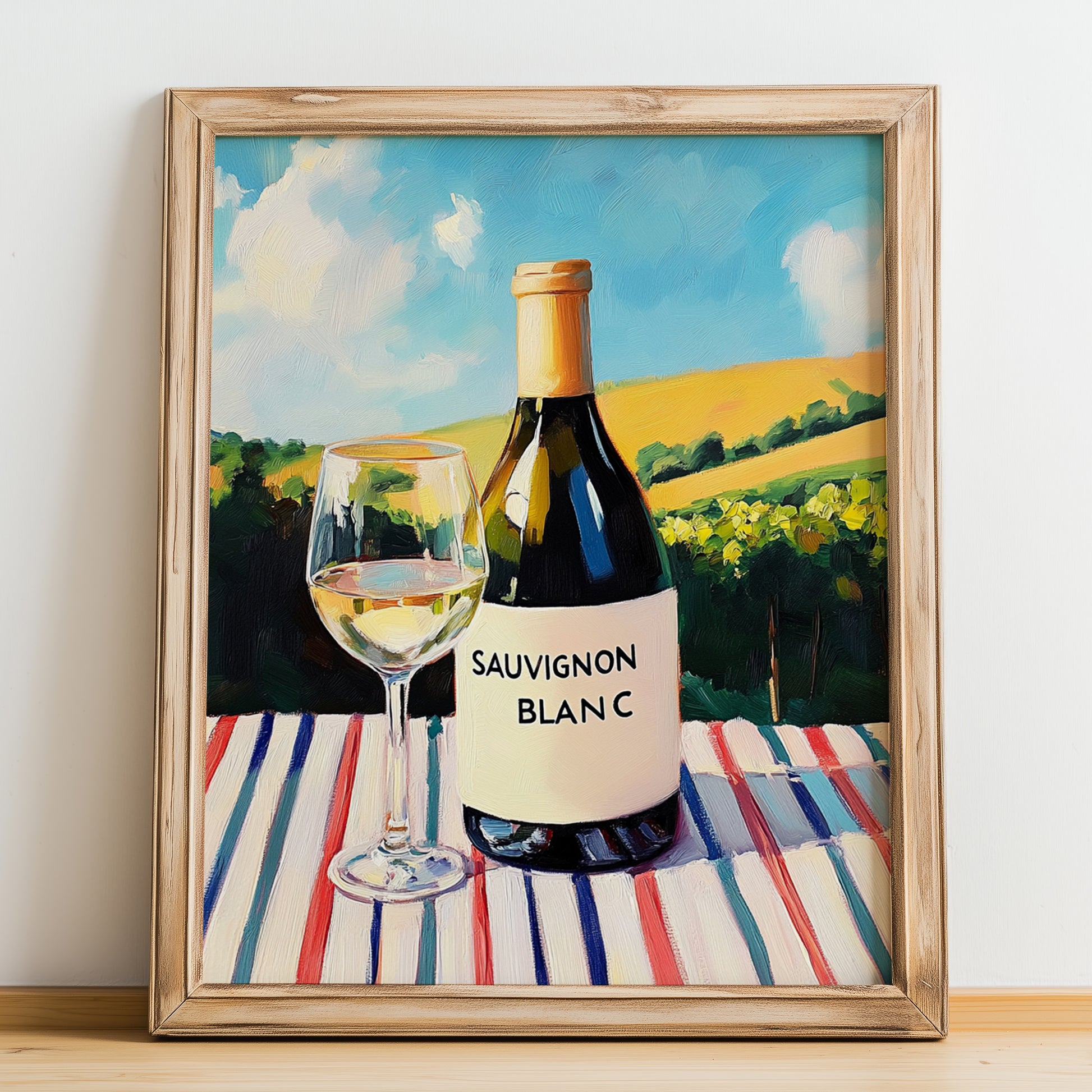 Sauvignon Blanc – French White Wine, Wine Bar Still Life, no-text version framed in wood