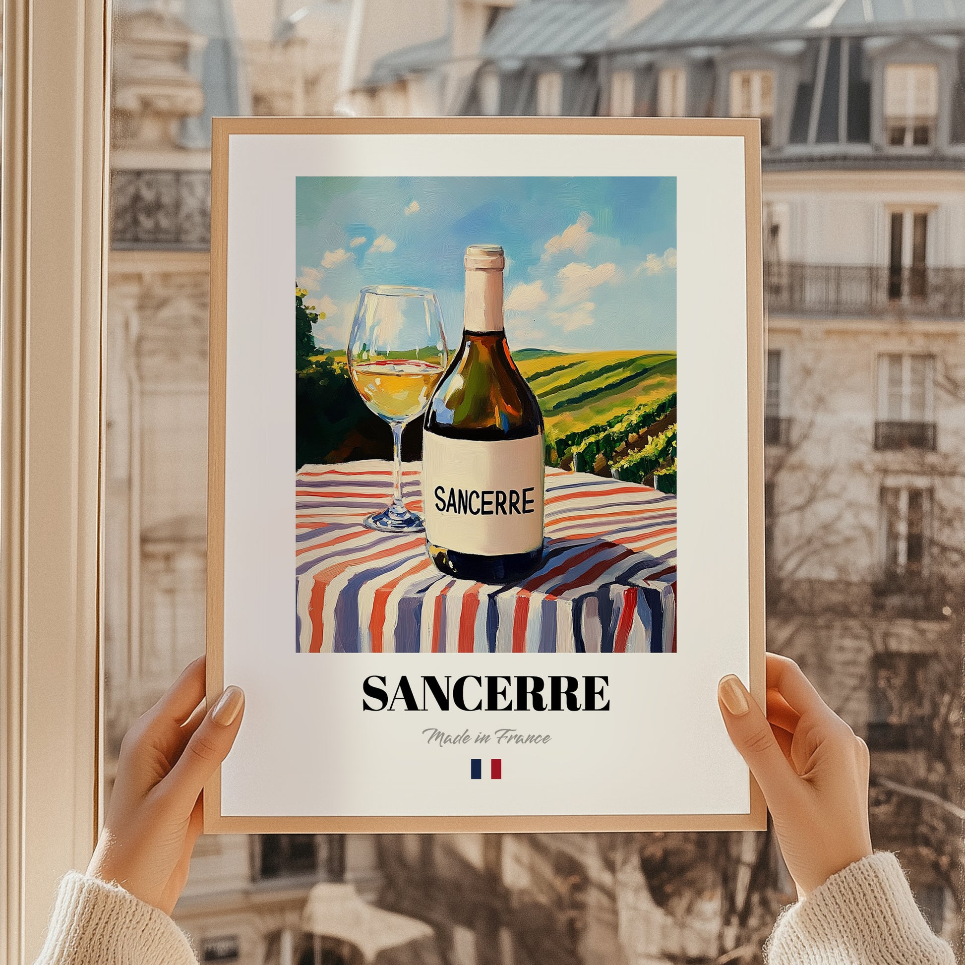 Sancerre – French White Wine, Wine Bar Poster, styled in a charming Paris street view