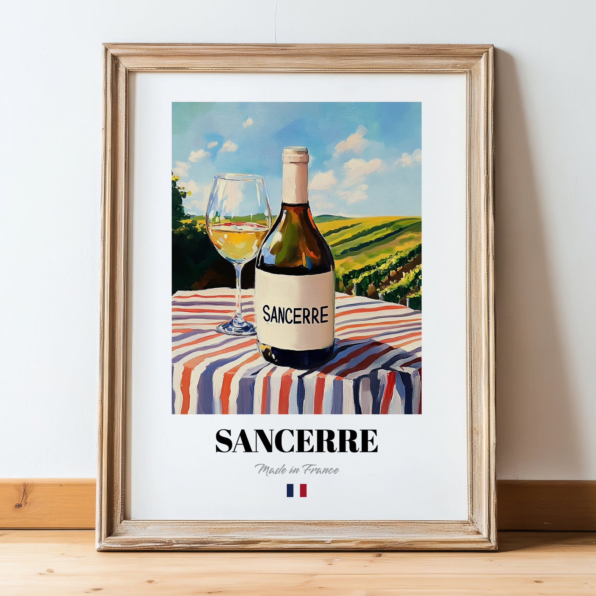 Sancerre – French White Wine, Wine Bar Poster, in wooden frame leaning on the floor