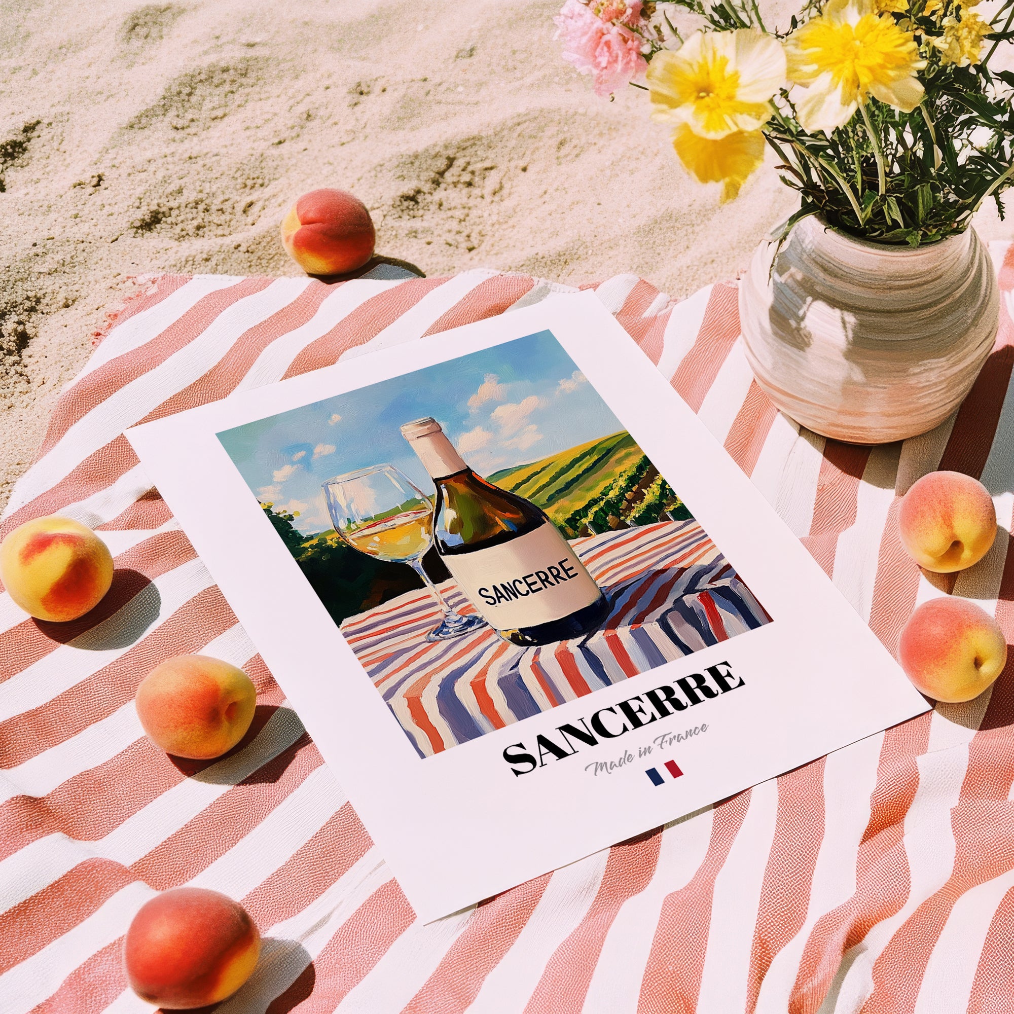 Sancerre – French White Wine, Wine Bar Poster, unframed on coastal sand