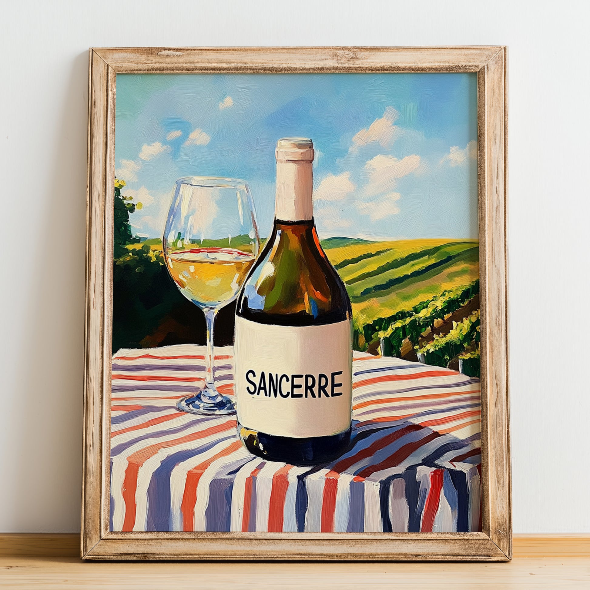 Sancerre – French White Wine, Wine Bar Poster, no-text version framed in wood