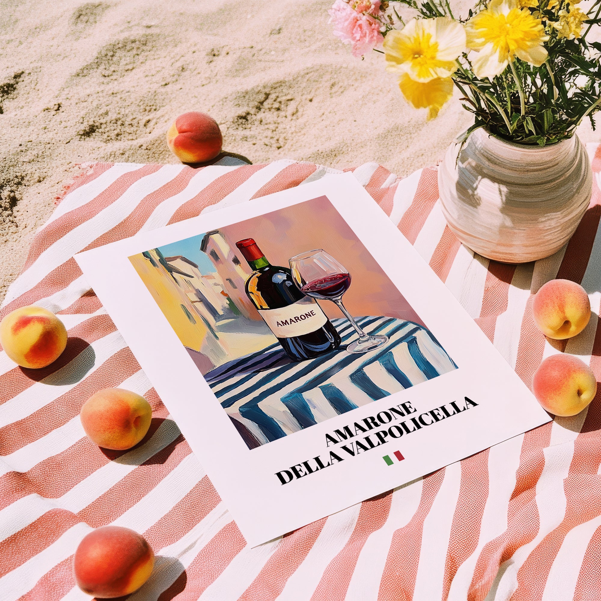Amarone della Valpolicella – Italian Red Wine, Wine Bar Print, unframed on coastal sand