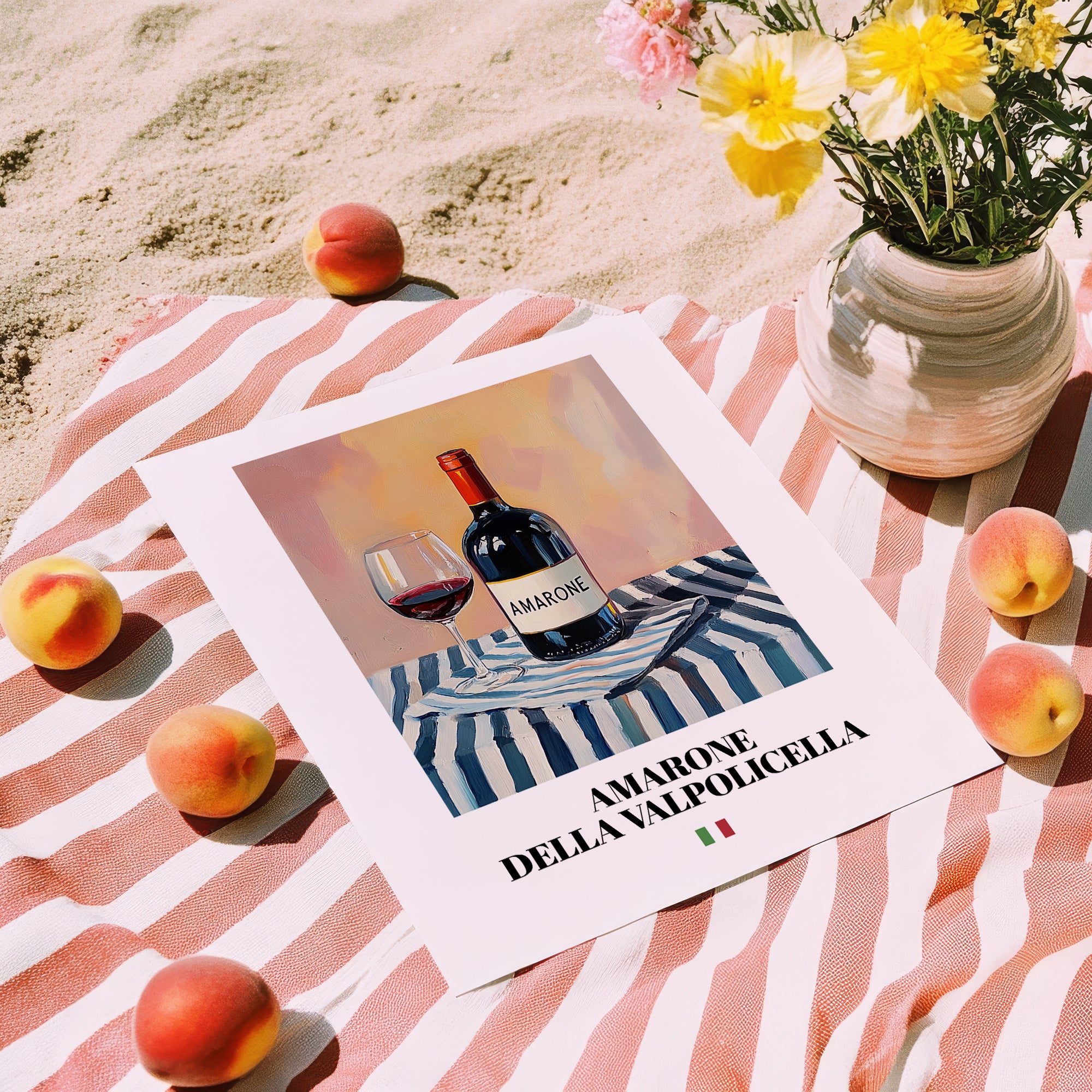 Amarone della Valpolicella – Italian Red Wine, Tasting Room Still Life, unframed on coastal sand